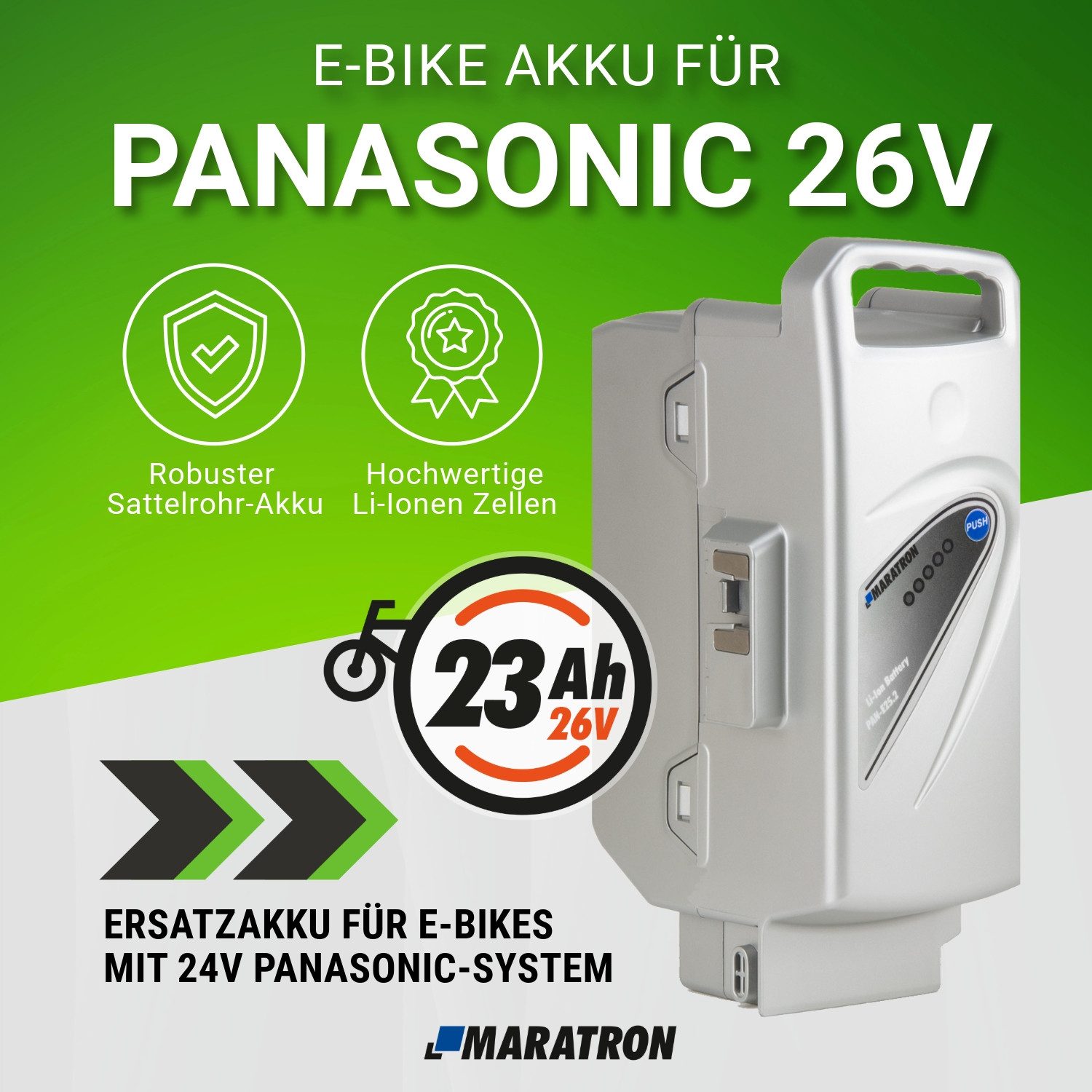 Maratron 26V Ersatz- E-Bike Akku 23,2Ah (1 St), für Panasonic 26V 23Ah silber für E-Bike Pedelec Flyer Kalkhoff Rixe