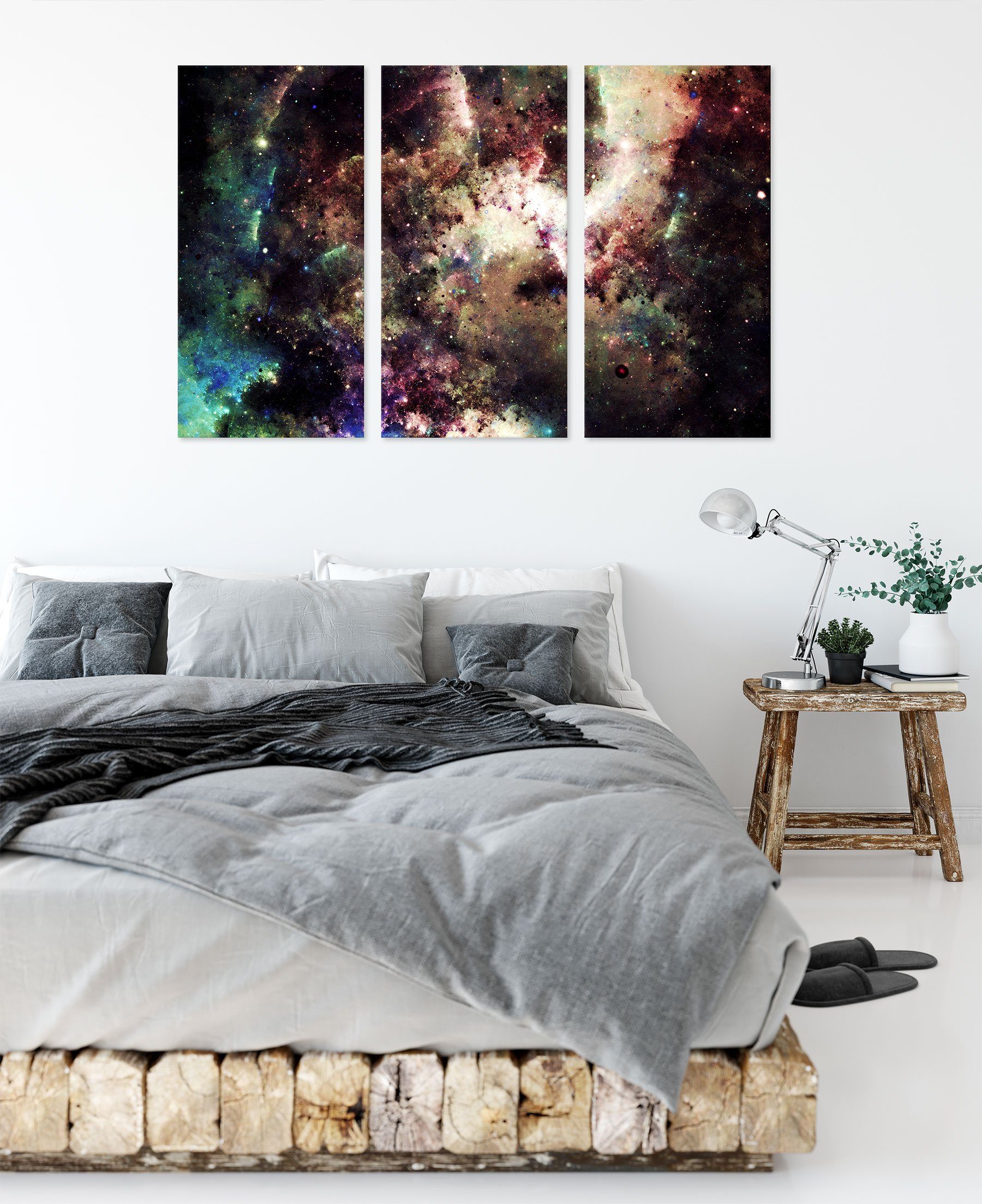 Pixxprint Leinwandbild Bunte (1 und (120x80cm) 3Teiler Leinwandbild Sterne Nebelgalaxie Nebelgalaxie Sterne, Zackenaufhänger inkl. Bunte St), und bespannt, fertig