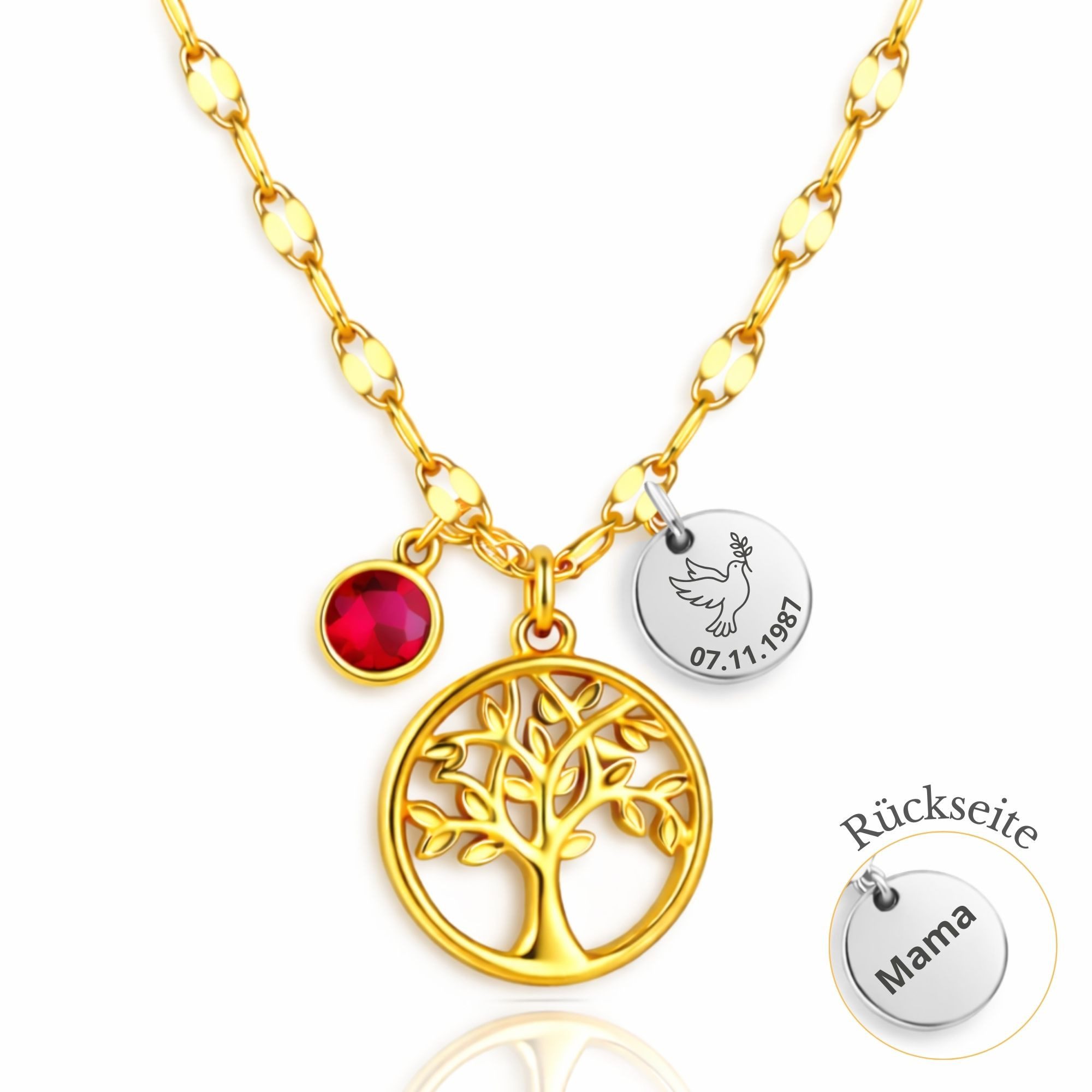 BS Schmuckdesign Kette mit Anhänger mit Gravur Personalisierte Halskette Damen Lebensbaum mit Geburtsstein Gravur (inkl. Gravur), personalisiert inkl. Geschenkbox