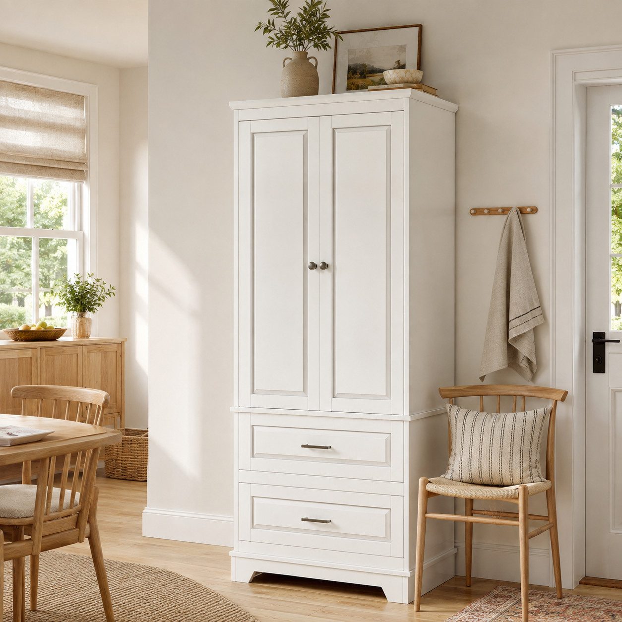 Simurq Kommode Hochschrank Weiß mit 2 Türen, 2 Schubladen, 157 cm hoch (Einzelmöbel, 1 St., 1 Hochschrank), Platzsparende hohe Bauform