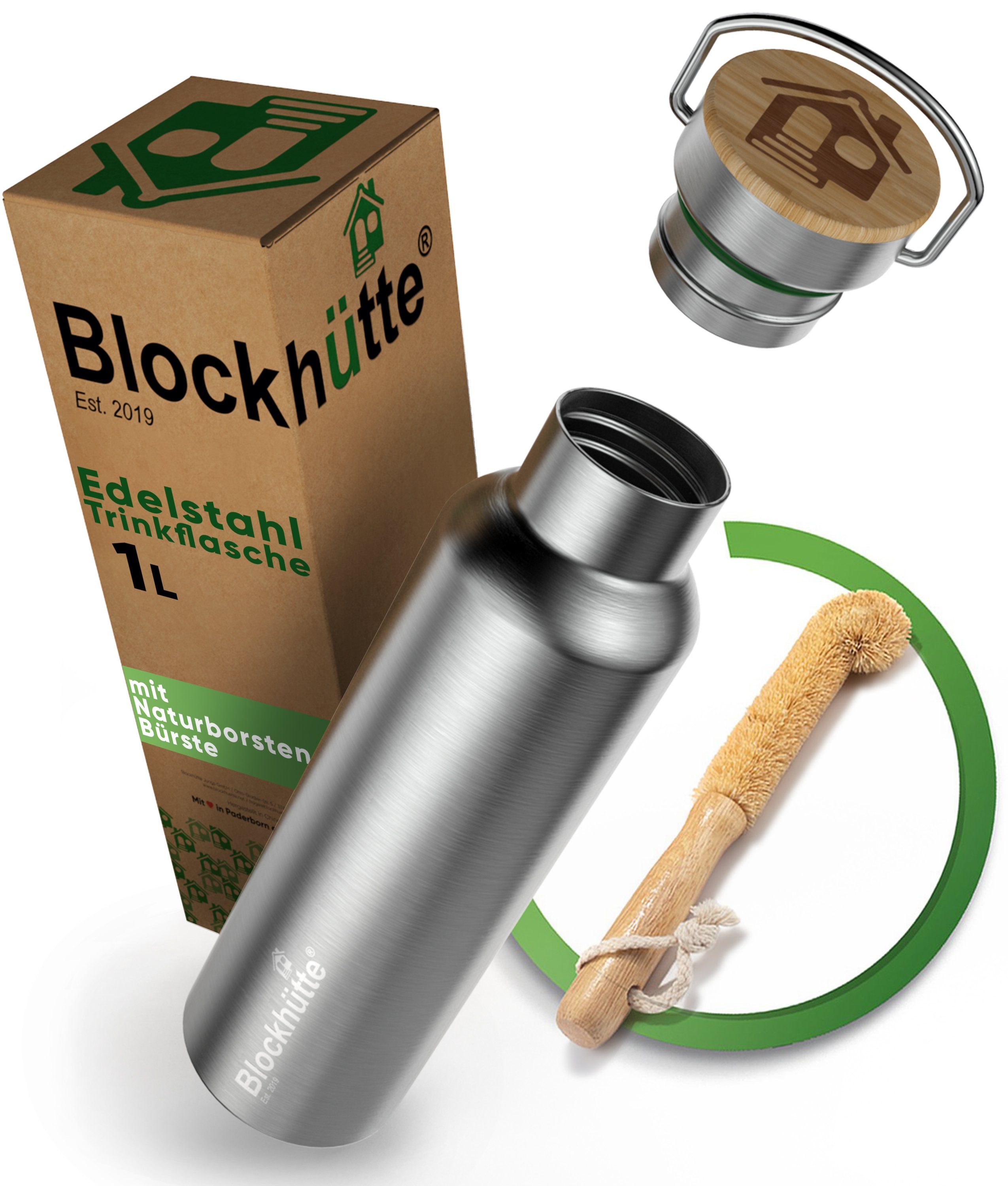 Blockhütte Isolierflasche Edelstahl Trinkflasche isoliert mit Naturborsten Flaschenbürste, Auslaufsicher, Robust, Bruchfest, Hitzebständig, Kohlensäurebeständig