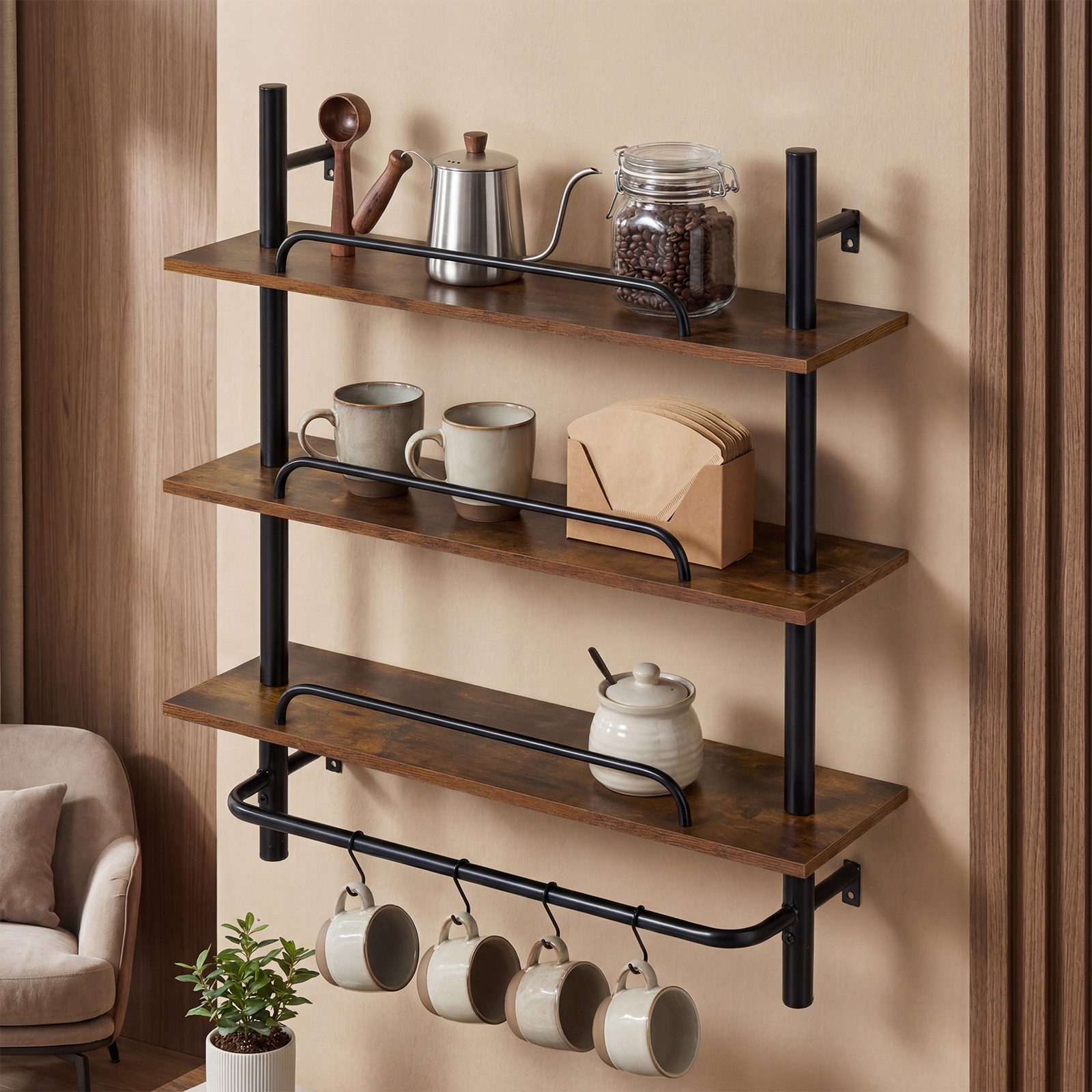 COSTWAY Wandregal, Holzregal für Wohnzimmer, Hangeregal holz, Küchenregal