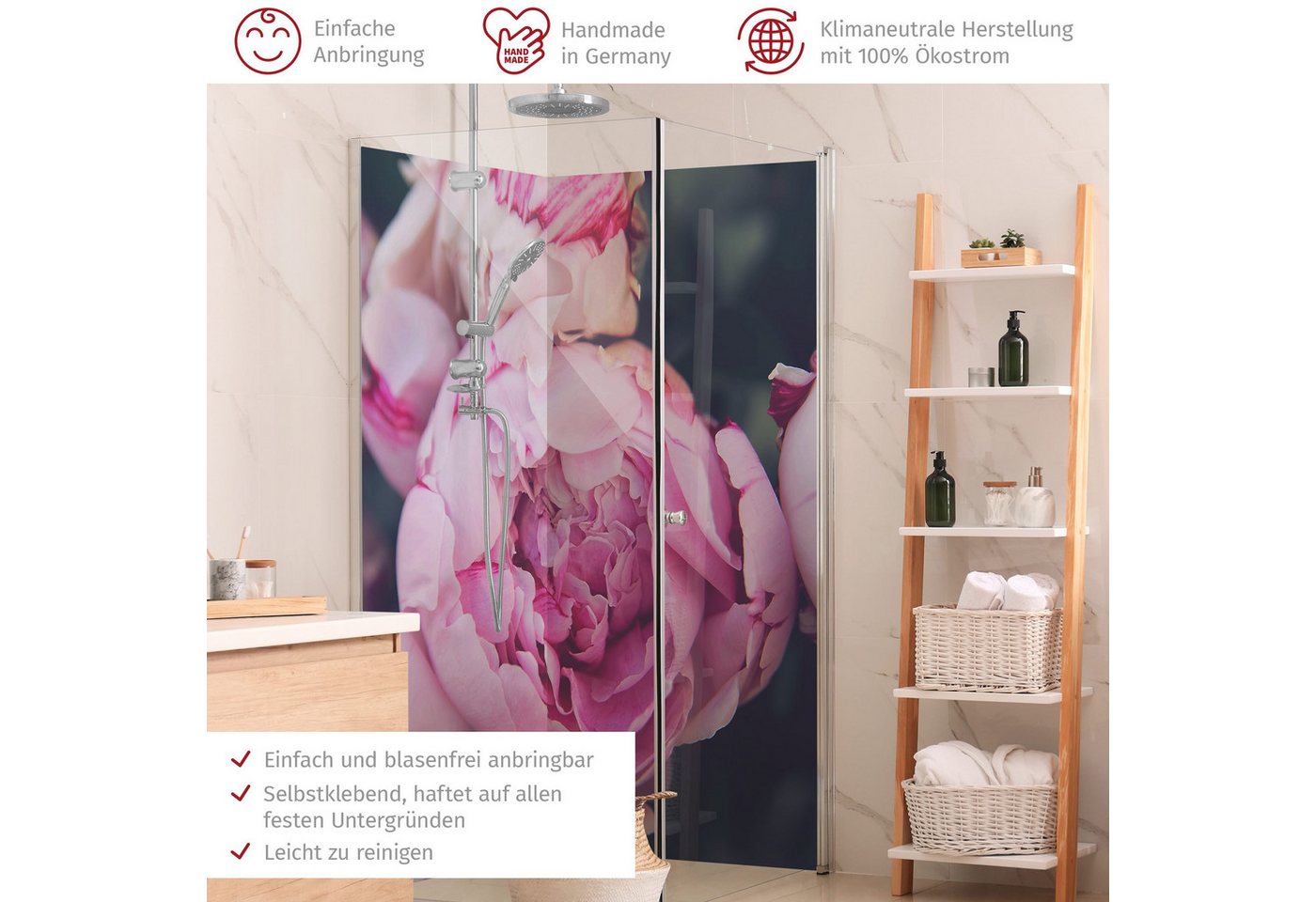 Thumbnail - Bilderdepot24 Badrückwand Blumen rosa Duschrückwand ohne Bohren Dusche Shabby, (2-tlg., Hart-Folie Smart matt 0,35 mm), ...