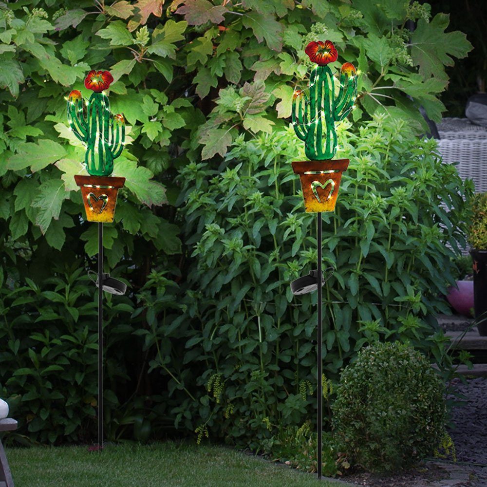 LED Warmweiß, LED Garten fest LED-Leuchtmittel Solar verbaut, Leuchte 2er Set Außen Design etc-shop Solarleuchte, Kaktus Steck