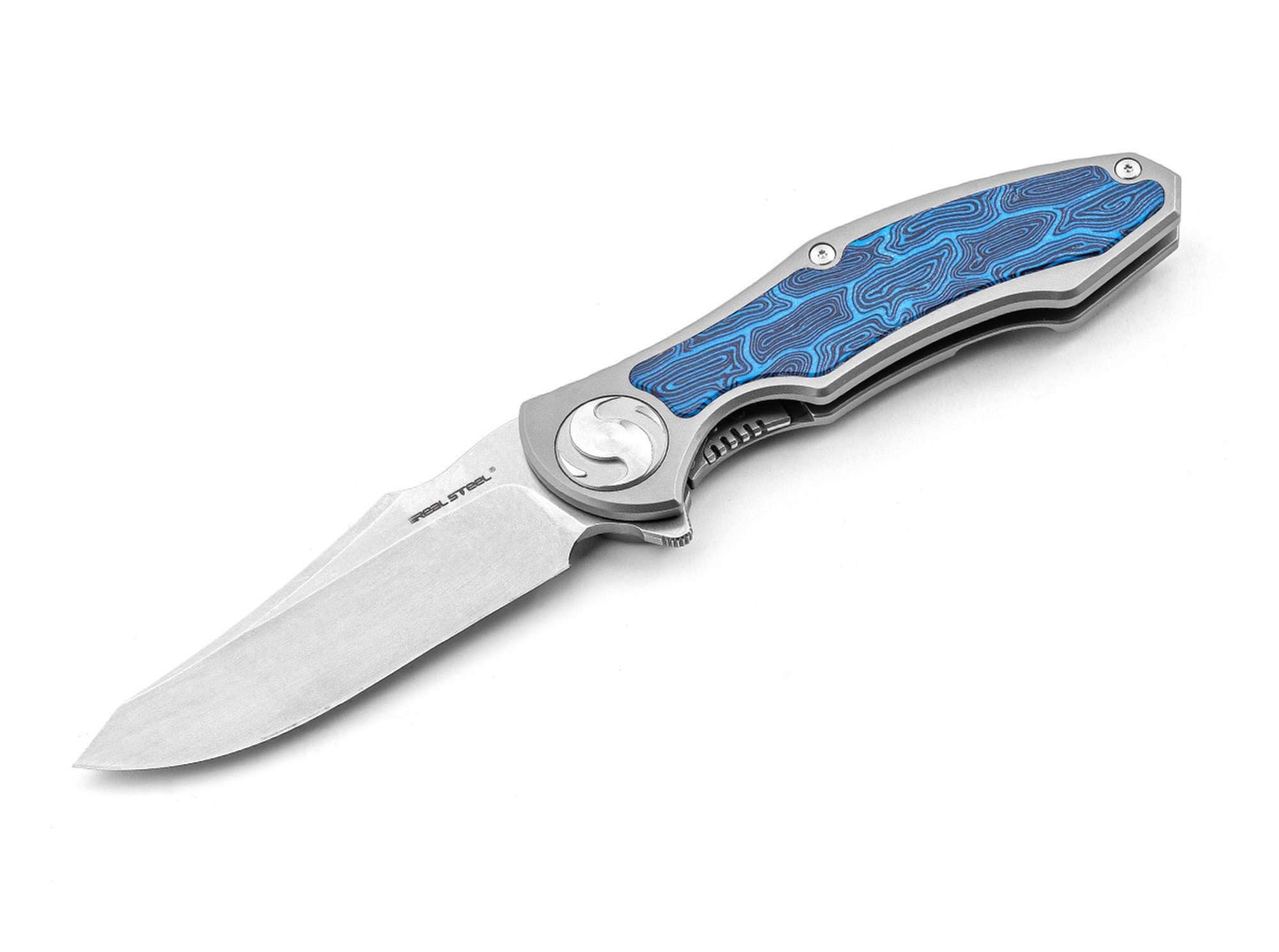 Real Steel Taschenmesser Real Steel Exorcist S35VN Ti Blue Damascus G10 One Scale