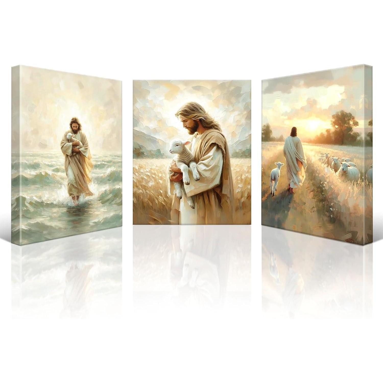 LuxusKollektion Mehrteilige Bilder Leinwandbilder 3 Teilig Jesus Lamm Jesus bewacht das Lamm 30x40cm, (1 St)