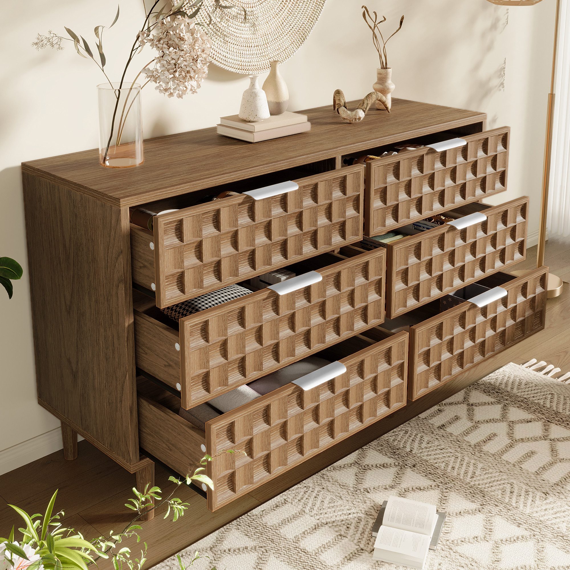 Flieks Kommode mit 6 Schubladen & Metallgriffen, im Schokoladenwaffel-Design (120x37x77 cm, 1 St., Multifunktionsschrank für Wohnzimmer, Schlafzimmer, Esszimmer), Sideboard Mehrzweckschrank Anrichte Walnussholzfarbe, Holzbeine