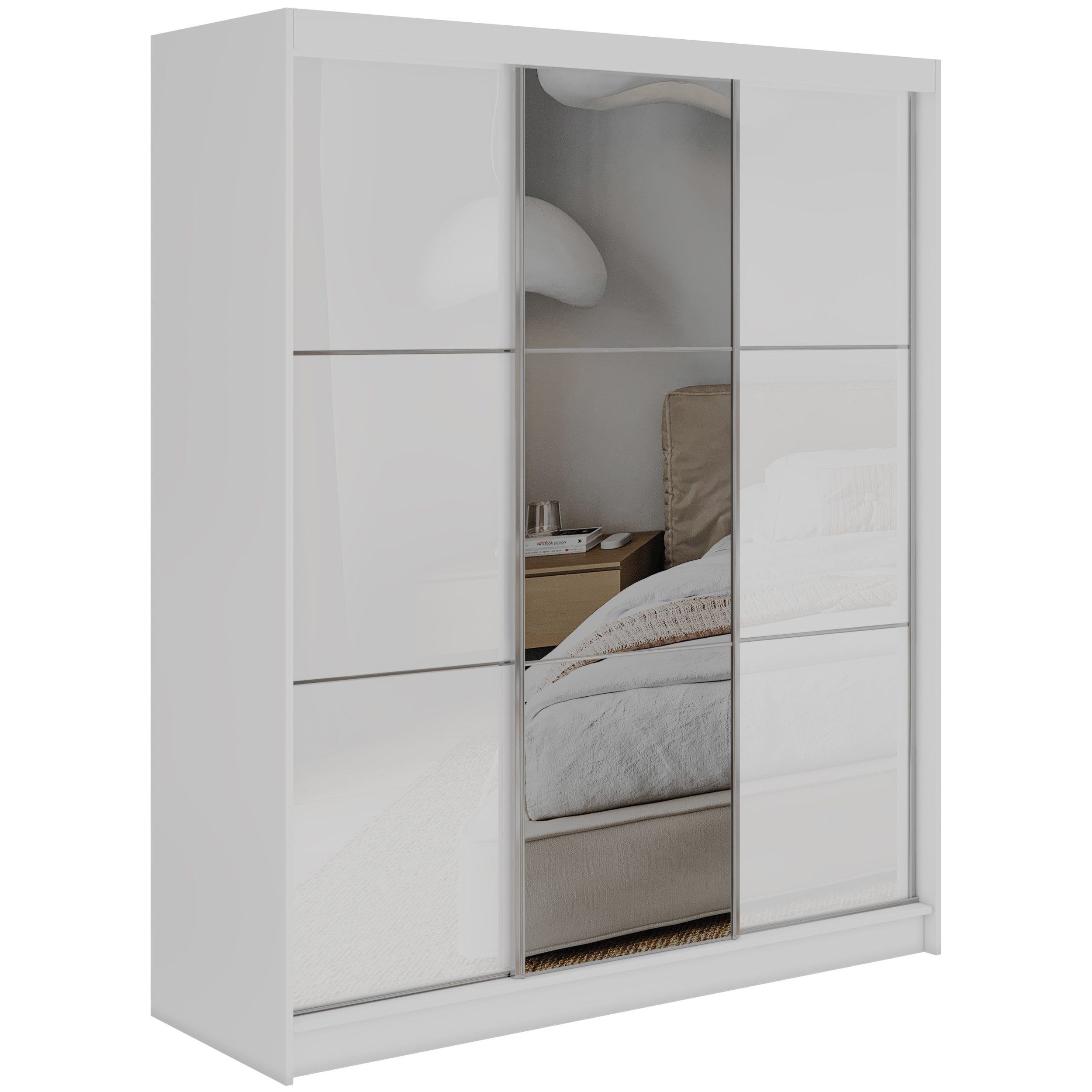MKS MÖBEL Schiebetürenschrank WALENCJA 180 (Kleiderschrank mit Spiegel und Lacobel, Schubladen, Schwebetürenschrank) Kleiderschrank mit Stauraum, 216 cm hoch, 61 cm tief