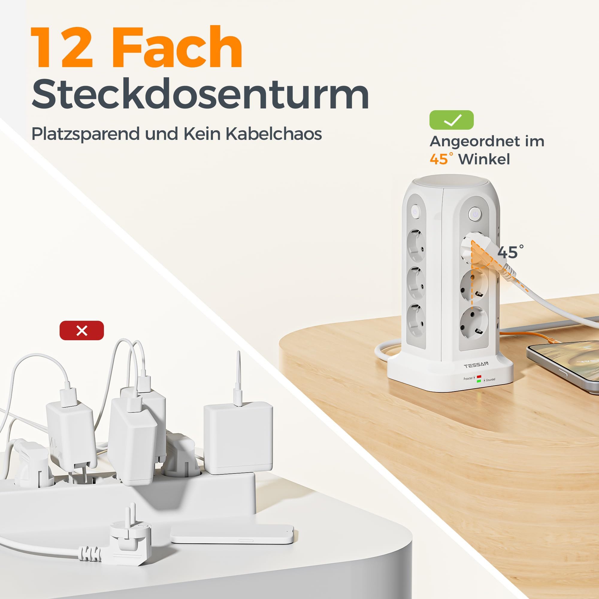 TESSAN 12 Fach Mehrfachsteckdose mit 3 USB(2 USB-A/1 USB-C) Kabel 2/5m Mehrfachsteckdose (USB-Anschlusse, Ein-/Ausschalter, Kabellänge 2 m) – Bild 5 von 5