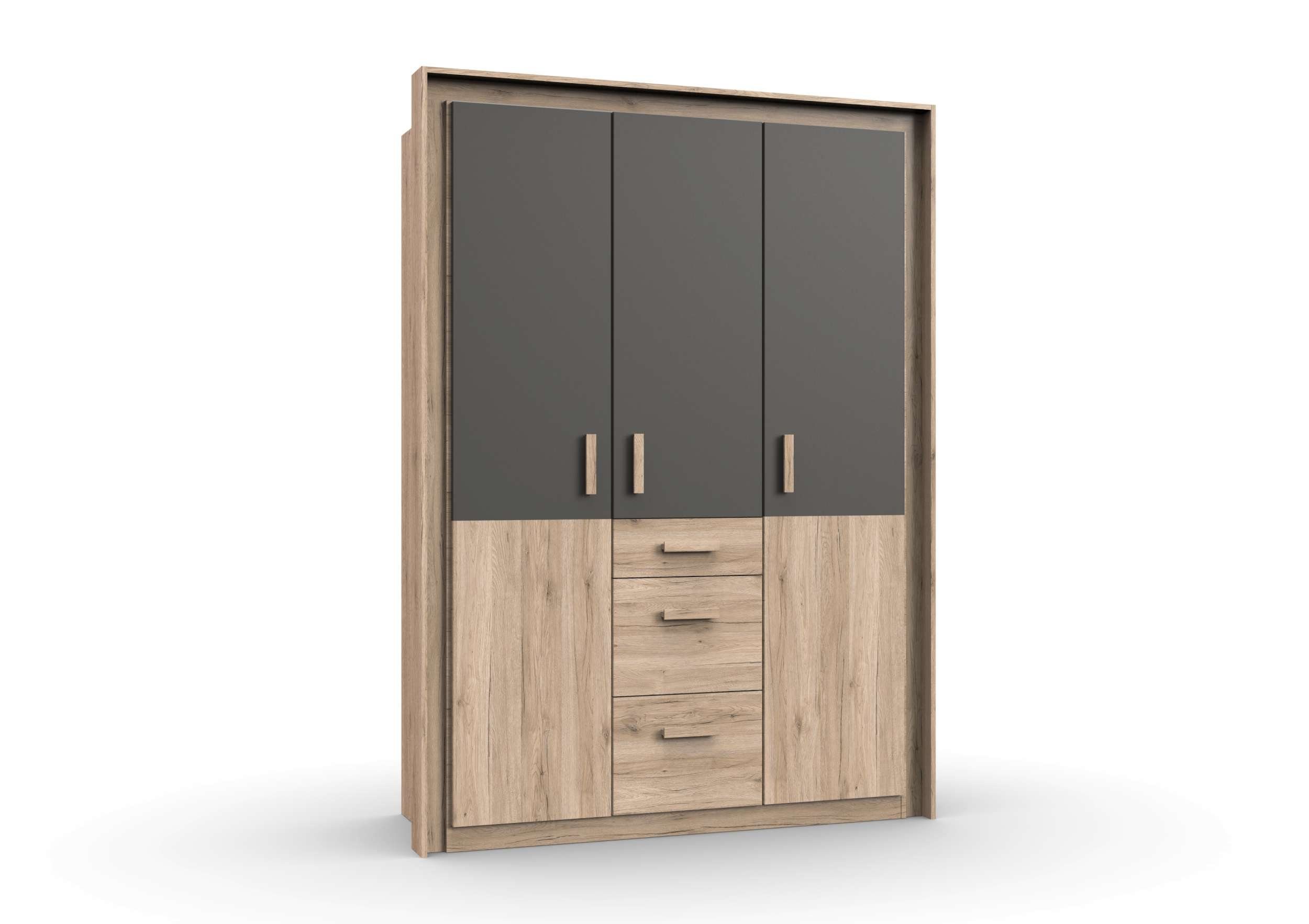 Stylefy Drehtürenschrank Karla IV (Kleiderschrank, Mehrzweckschrank, Kinderschrank) mit viel Stauraum, 3-türig, aus Holzwerkstoff, Design Modern, mit Soft-Close Funktion, für Kinder Sanremo Eiche - Graphit | Drehtürenschränke