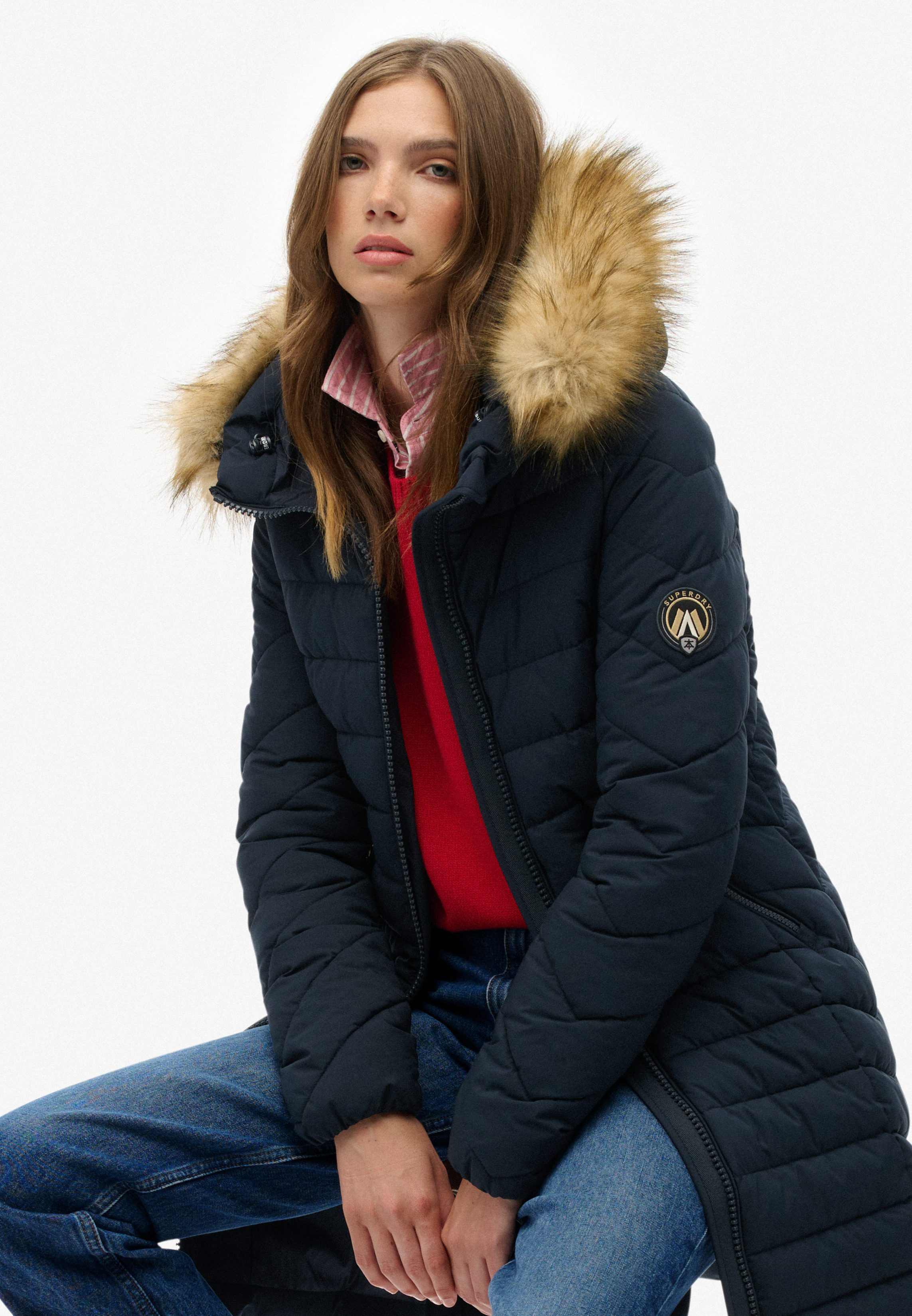 Superdry Steppjacke FUJI FAUX FUR HOOD MID LENGTH Slim Fit, mit Reißverschluss, aus Polyester und Kunstfaser