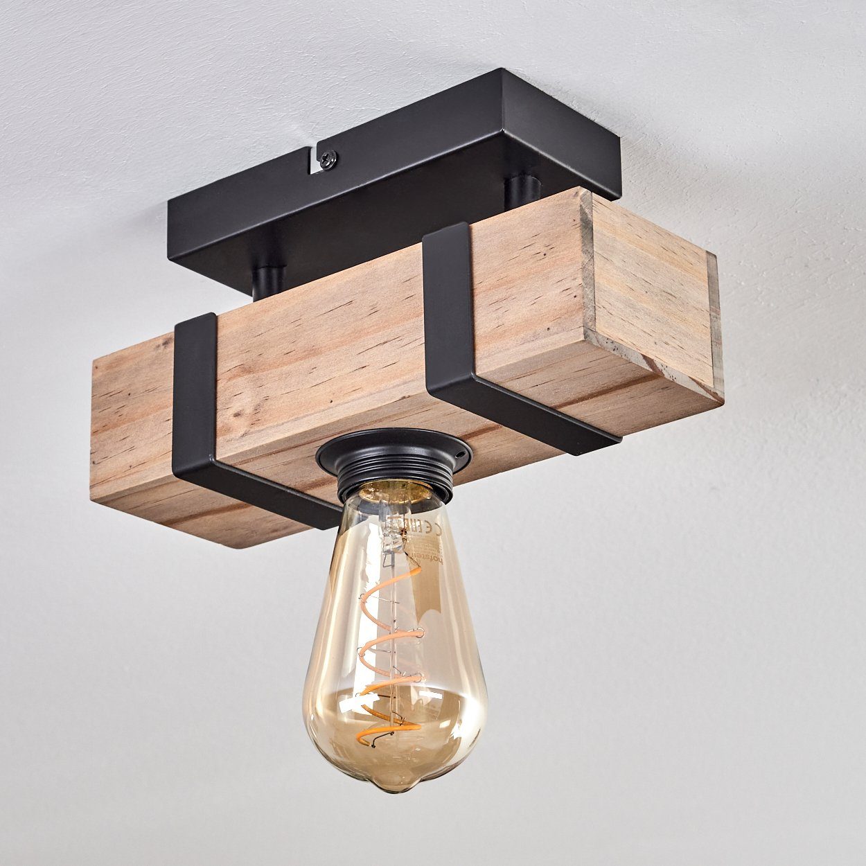 Design industrial Deckenleuchte ohne Schwarz/Natur, Holzbalken, E27, 1 hofstein in ohne Leuchtmittel, mit Leuchtmittel aus Metall/Holz im Deckenlampe moderne x