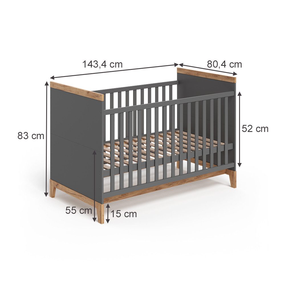 VitaliSpa® Babybett Malia, Grau/Artisan, 70x140 cm, 1-tlg.