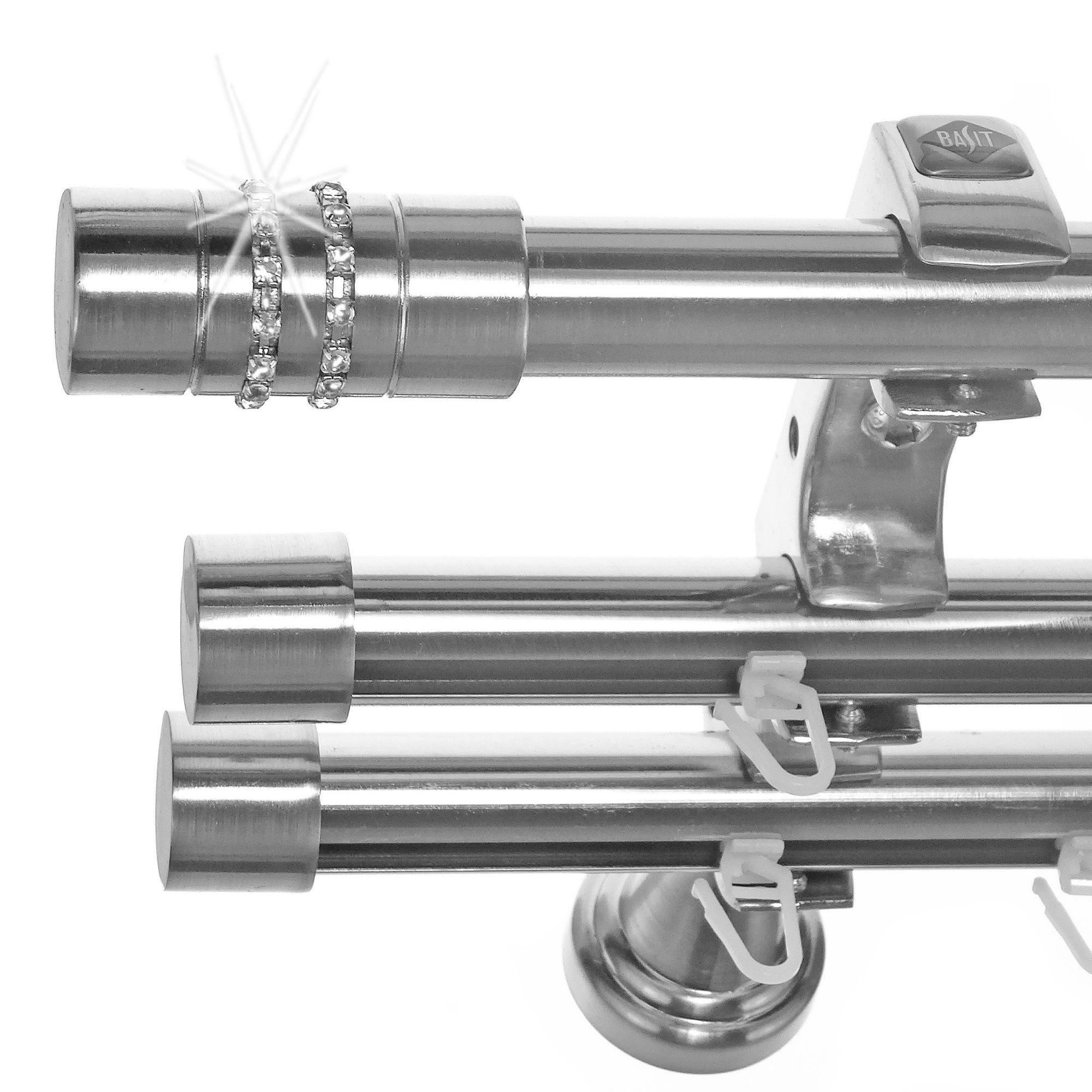 BASIT Gardinenstange Rohr und Innenlauf Edelstahloptik 20mm mit Wandträgern 240 cm E80, Ø 20 mm, 3-läufig, verschraubt, Metall, H60RII 240 cm E80 Zylinder mit Kristall
