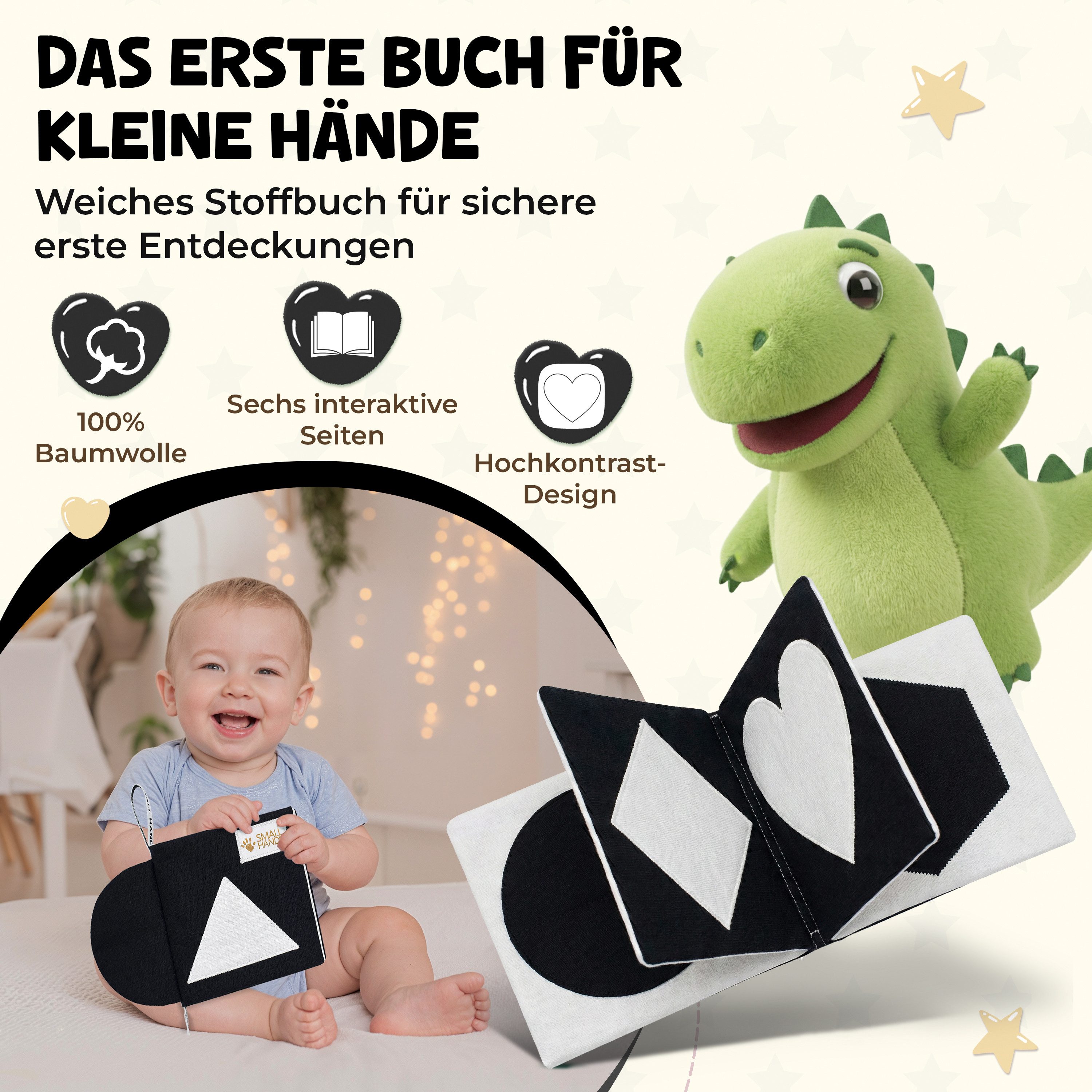 My First Book Stoffbuch Small Hands, Kontrastbuch Schwarz-Weiß, 0-3 Monate, Sinnesförderung