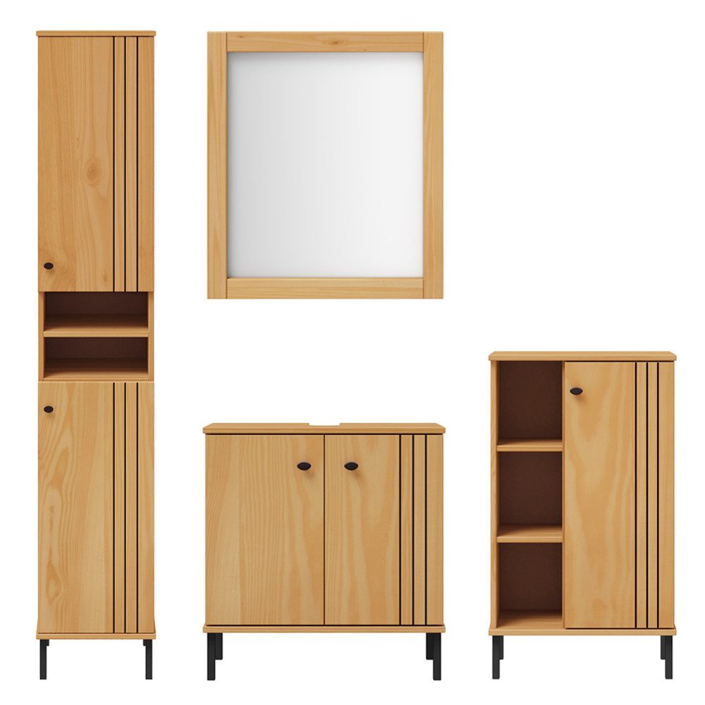 Lomadox Badmöbel-Set WILLOW-69, (Spar-Set, 4-St., Waschbeckenunterschrank Spiegel Hochschrank Badkommode), Kiefer massiv Massivholz eichefarbig lackiert Rillen-Design