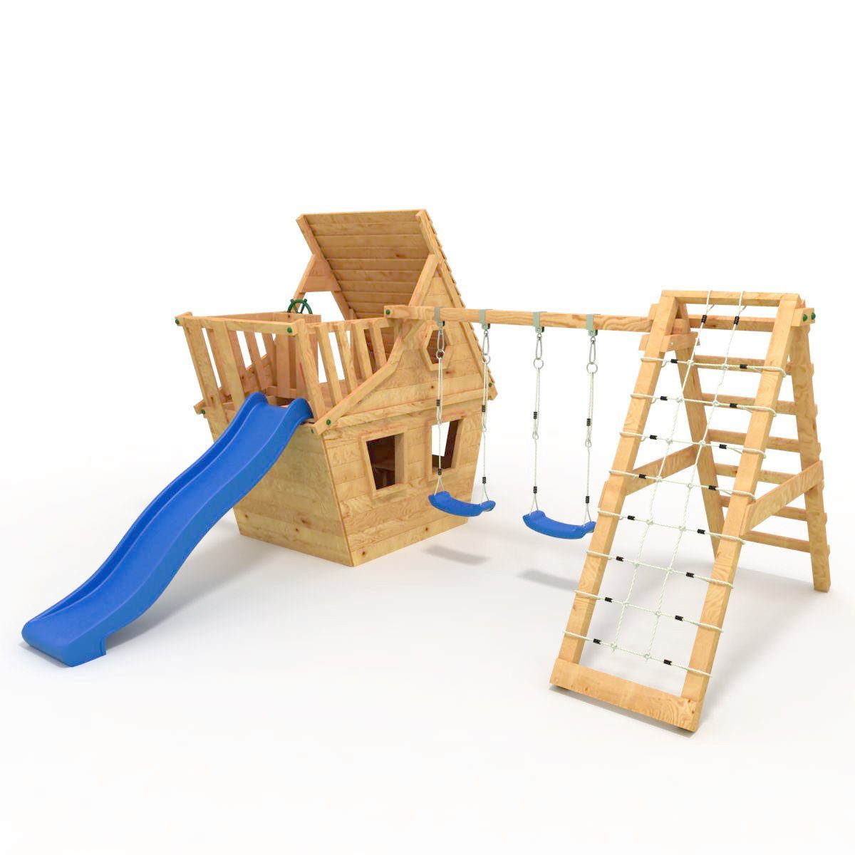bibex Spielturm Wunderhäuschen M120 + Rutsche, 2xSchaukel, Knotennetz, Klettersteine