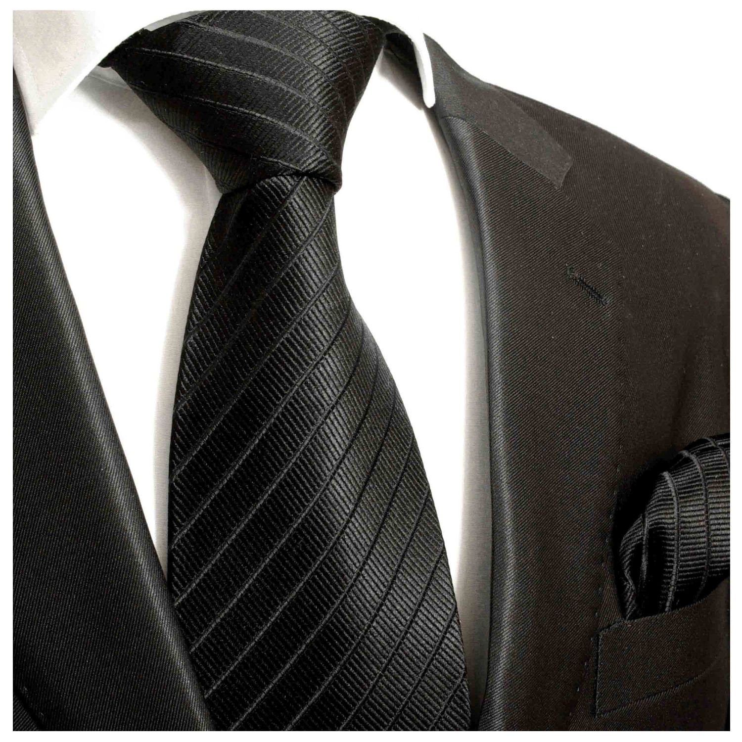 Krawatte modern Tuch schwarz mit Breit 2-St., Seide (8cm), Einstecktuch) gestreift Paul Seidenkrawatte Malone 475 uni Krawatte 100% Schlips mit (Set, Herren