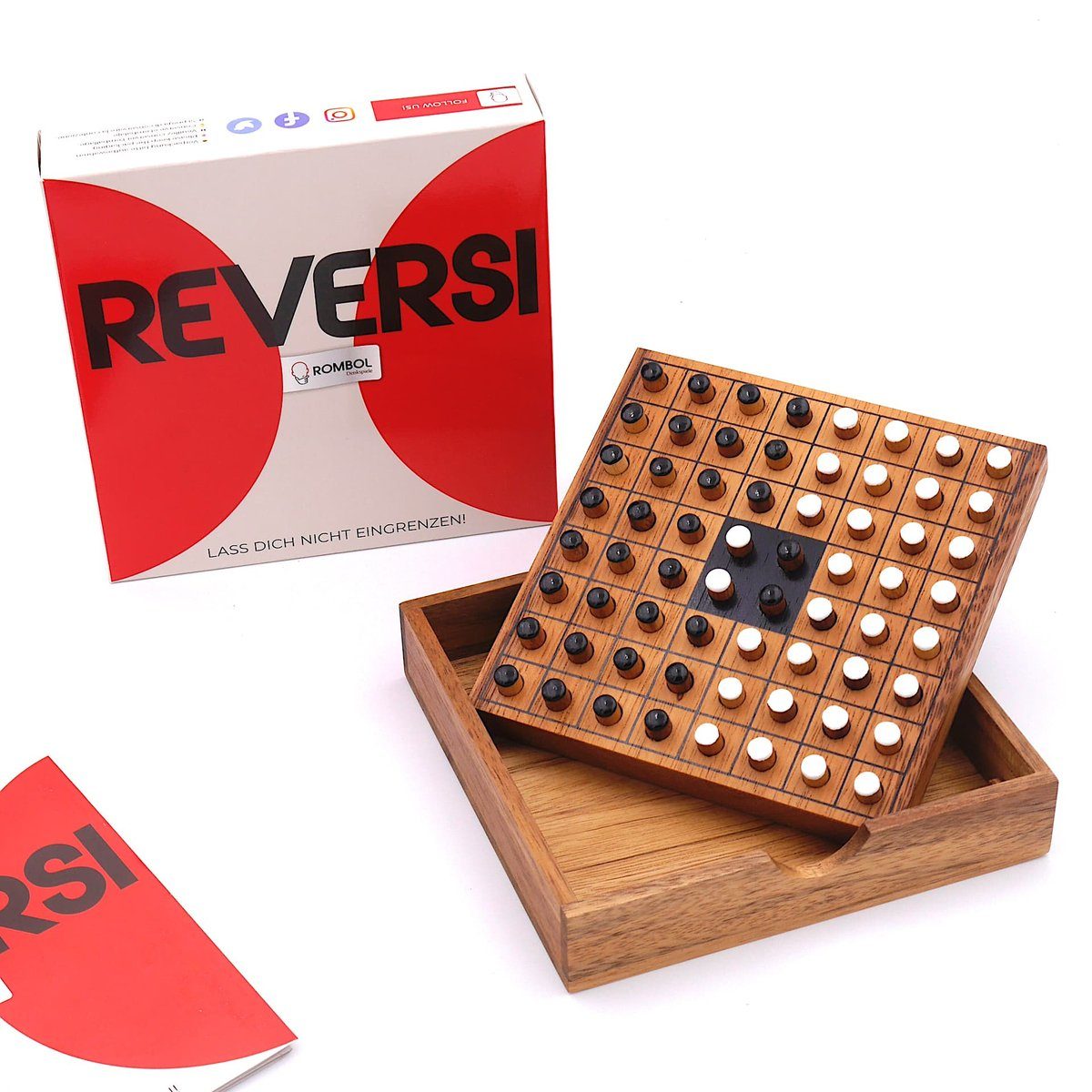 ROMBOL Denkspiele Spiel, Brettspiel Reversi – Interessantes Strategiespiel für 2 Personen aus edlem Holz, Holzspiel weiß/schwarz