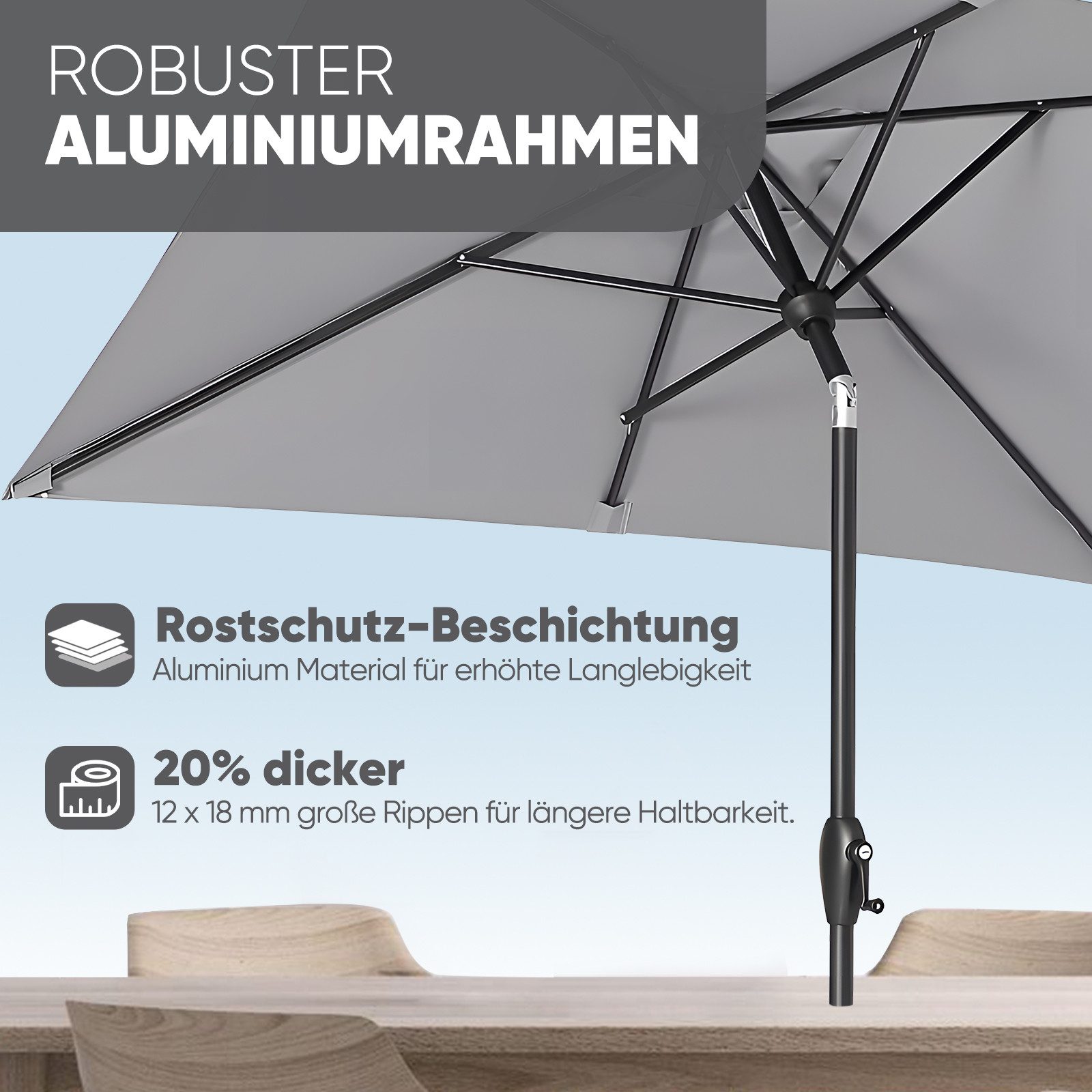 Sekey Sonnenschirm 210 x 140 cm Aluminum Sonnenschirm Rechteckig Marktschirm mit Kurbel, LxB: 210,00x140,00 cm, mit/ohne LED-Lichtern, Sonnenschutz UV50+, Gartenschirm Knickbar