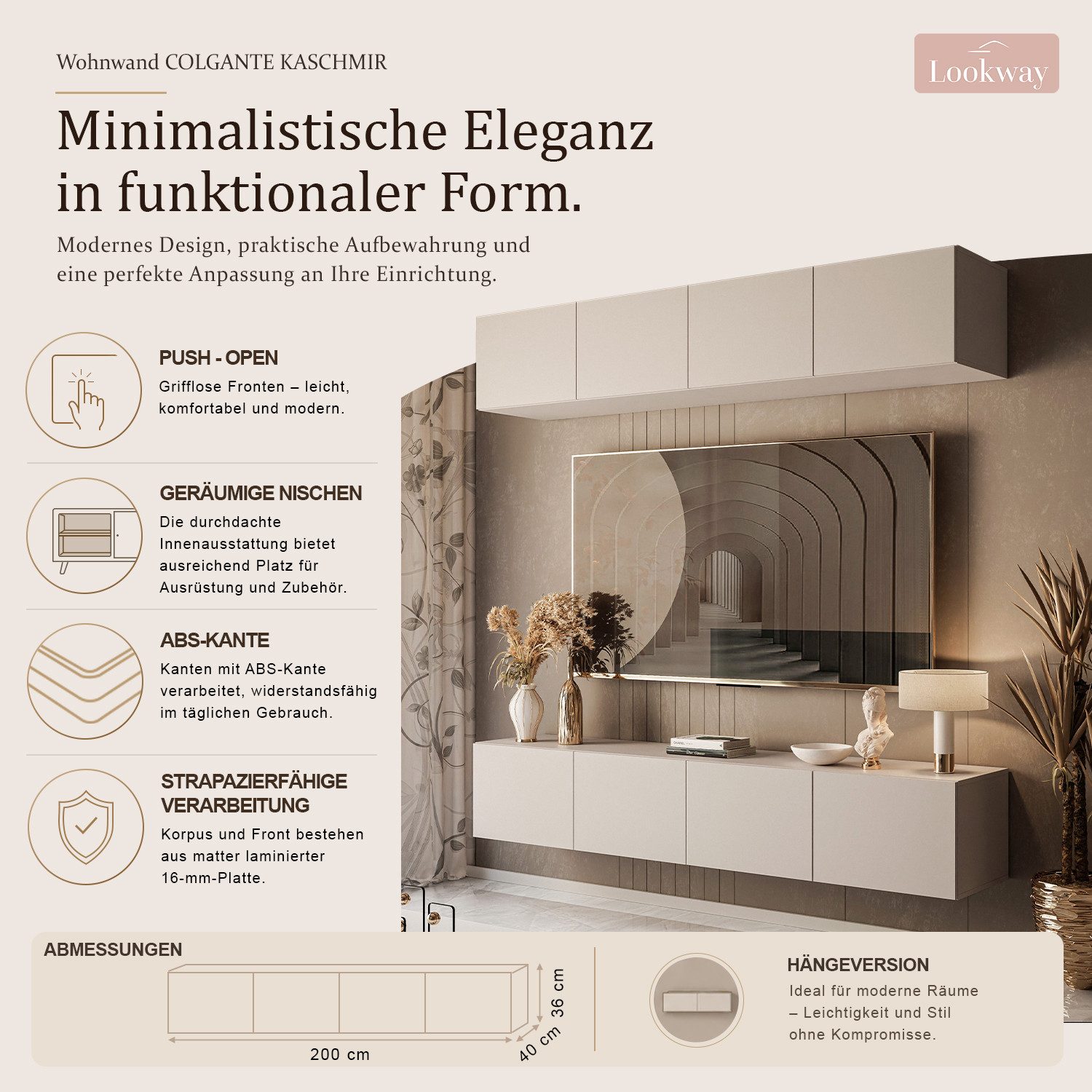 Lookway Wohnwand COLGANTE KASCHMIR mit LED, (4x TV-Schrank), Fronten in Matt, Breite: 200 cm – Bild 3 von 5