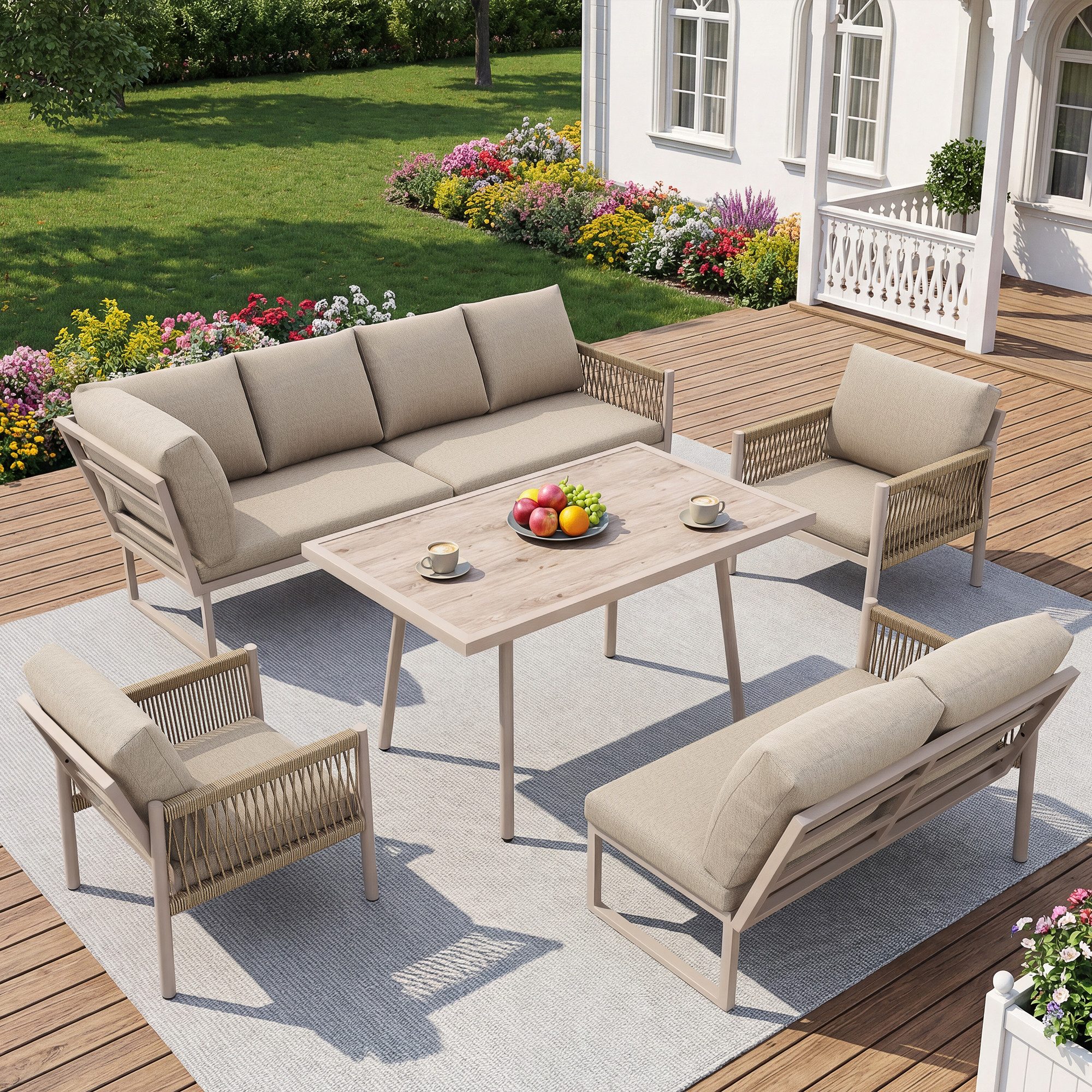 MODFU Gartenlounge-Set Elegante Gartenlounge, (mit Holzimitat-Glastisch, 1-tlg)