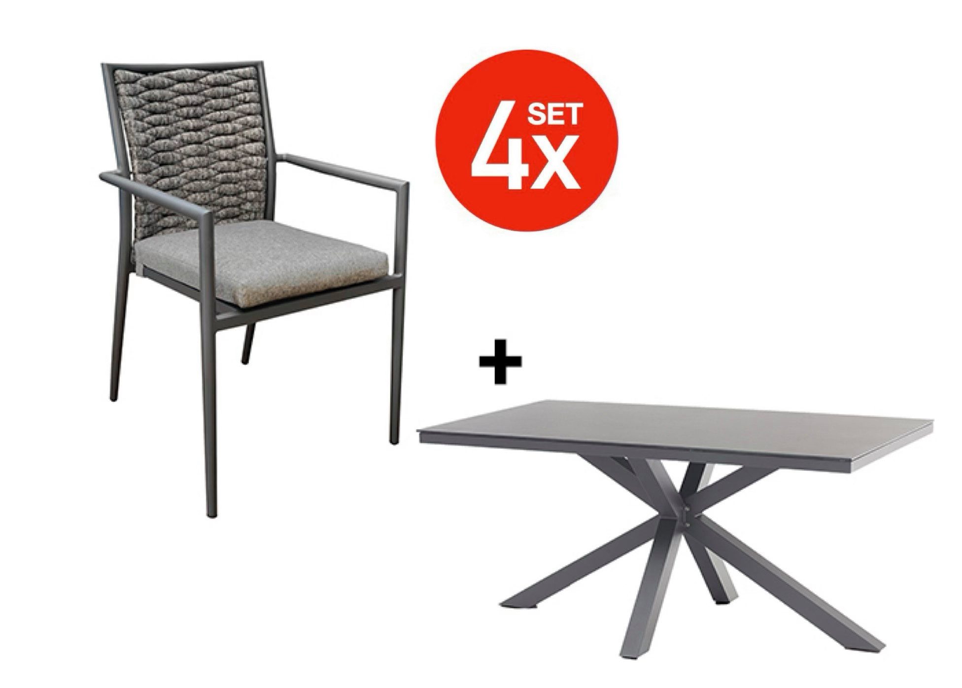 acamp Garten-Essgruppe 5-teiliges Stapelstuhl Set Queens inkl. Tisch mit X-Gestell, (Gartenmöbel Set), stapelbar, Sitzgruppe, Lounge-Set mit Gartentisch 160 x 90 x 74 cm