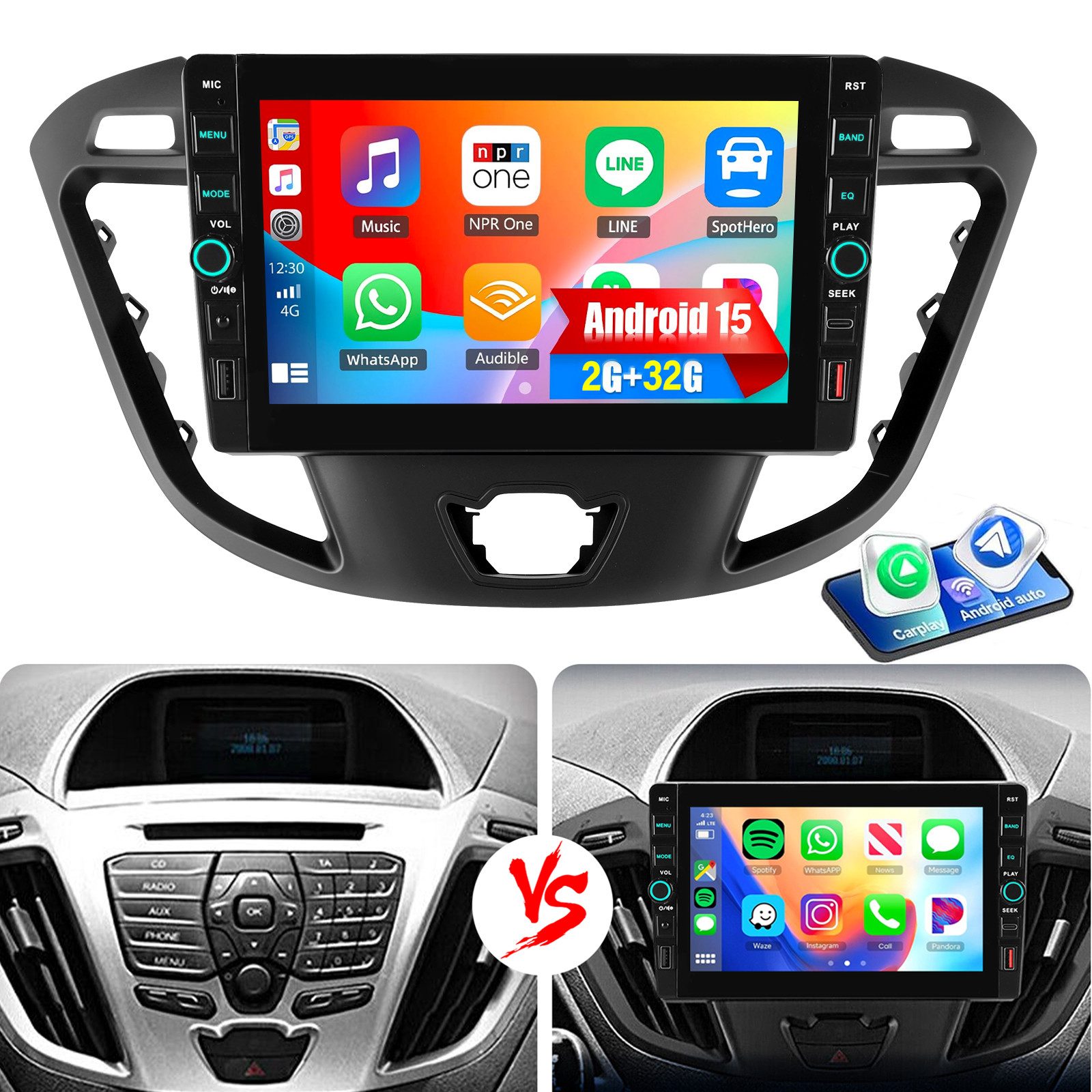 ESSGOO Für Ford Transit Custom 13-21 Carplay Android 15 Autoradio BT GPS Navi Autoradio (Digitalradio (DAB), 4+64GB(optional), RDS, SWC, FM)