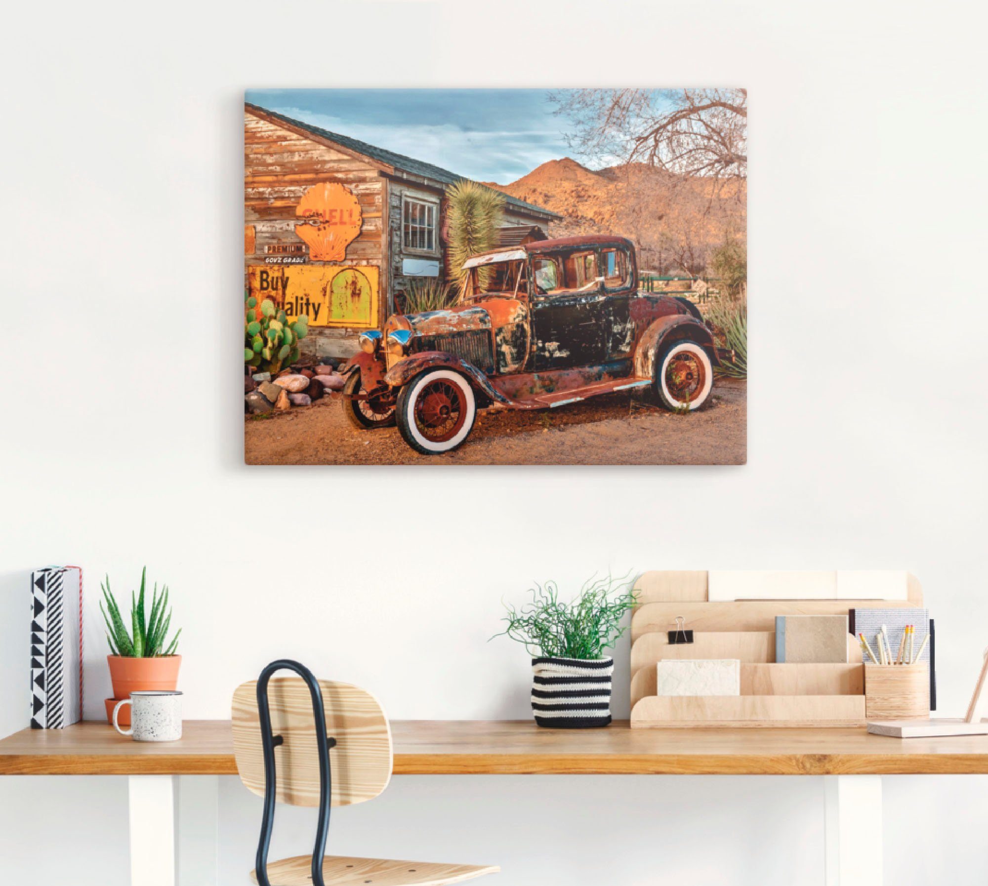 Artland Leinwandbild Oldtimer Route 66 Hackberry, Auto (1 St), auf Holzrahmen gespannt