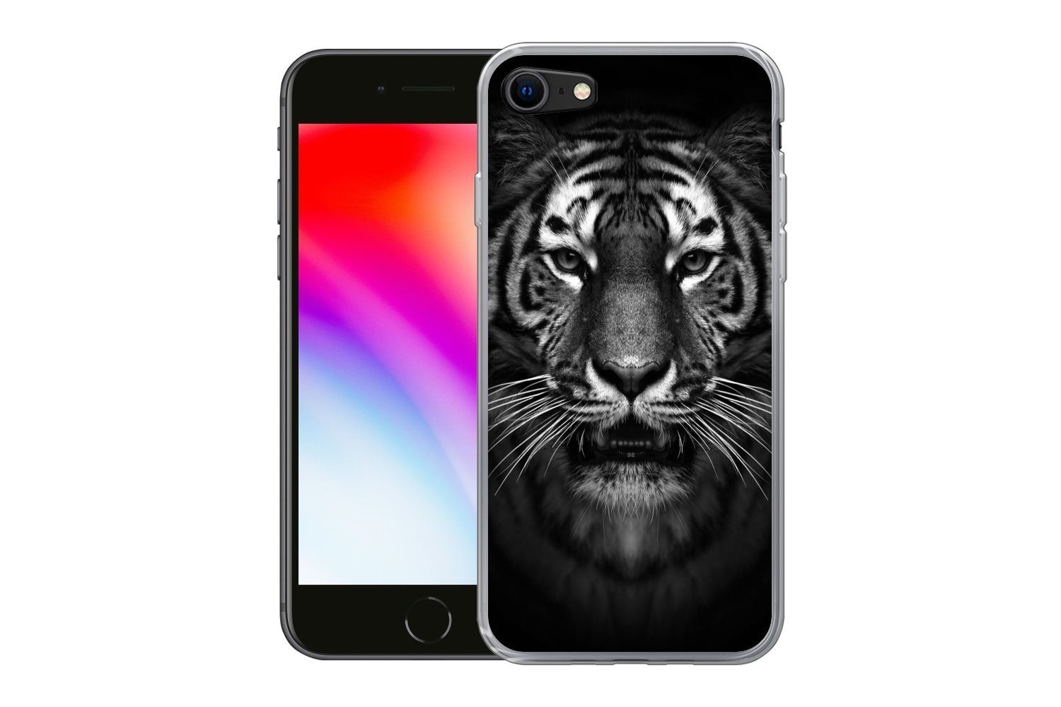 MuchoWow Handyhülle für Apple iPhone 7 Tiger - Tiere - Schwarz - Weiß - Porträt - Wild, Smartphone-Bumper, Print, Handy Schutzhülle Dünn
