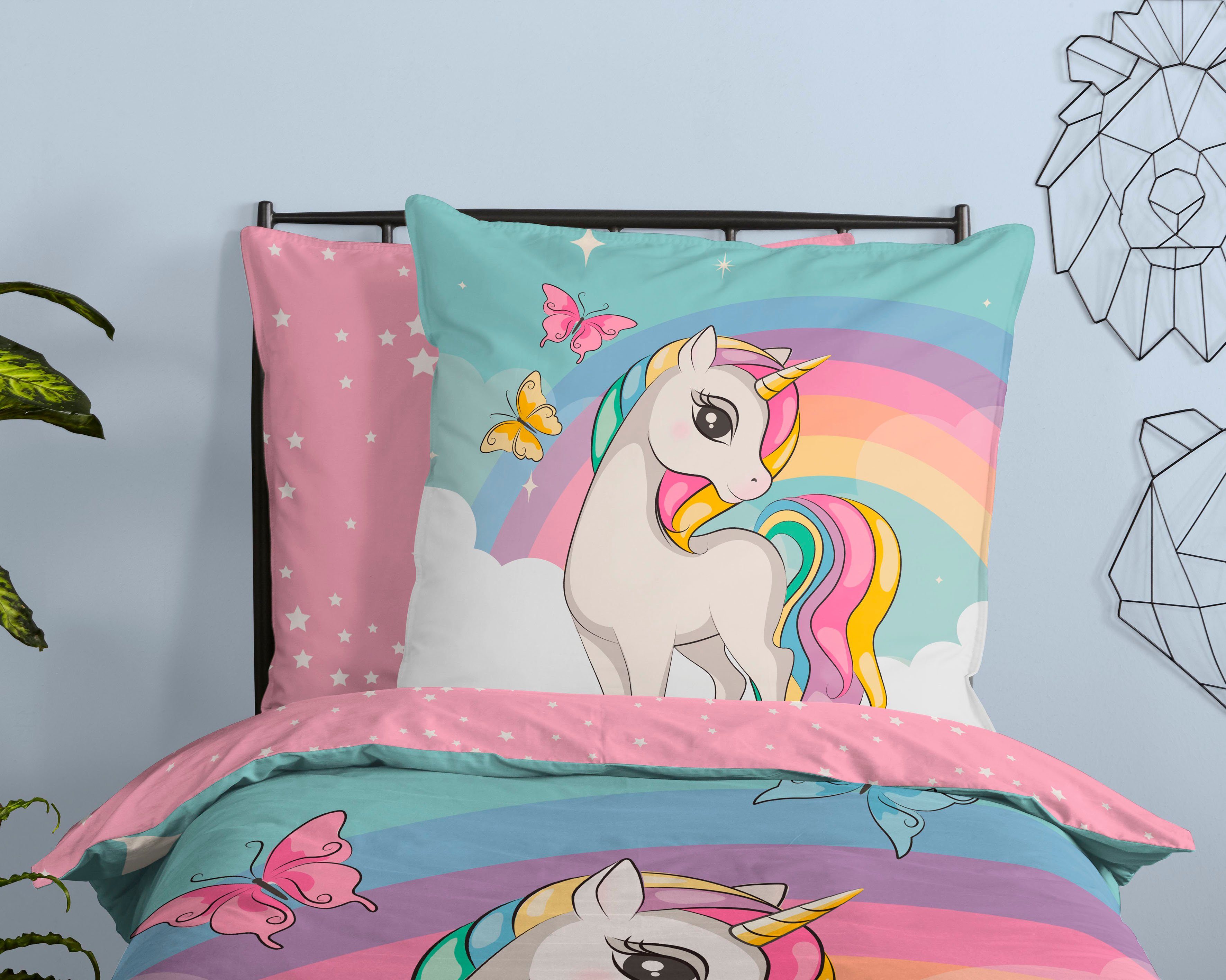 good morning Kinderbettwäsche Dash, Renforcé, 2 teilig, Baumwolle, 135x200, Reißverschluss, Wendeoptik, Kind, Mädchen, Einhorn