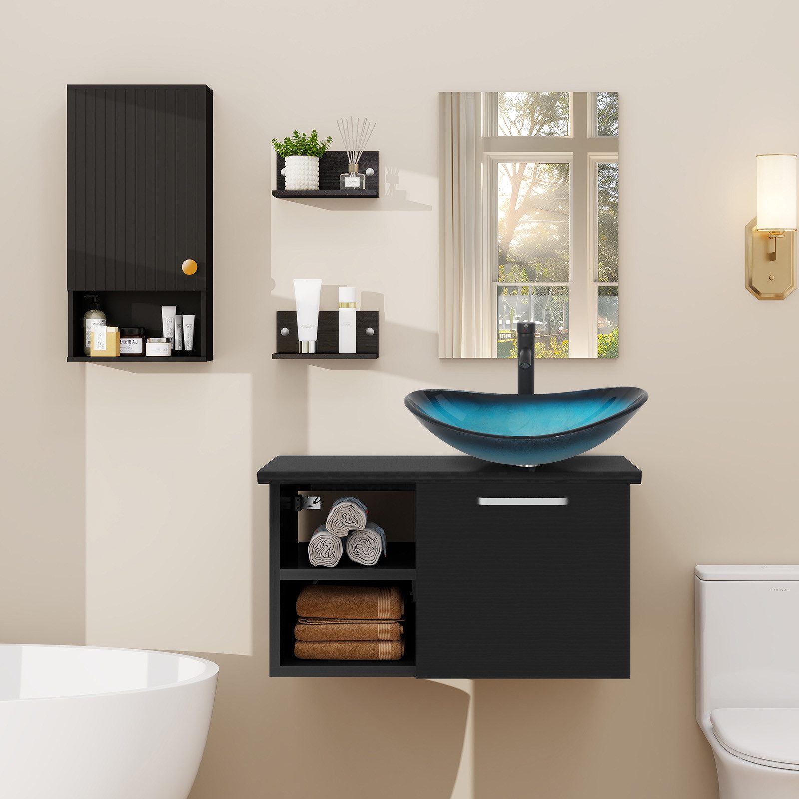 Puluomis Hängeschrank Wandschrank mit Höhenverstellbaren Regalen Bad Küche (Set, Wandschrank/Wandschrank, Schrank mit Spiegel&2 Regale, Waschbecken Set) Wasserdicht & Leicht zu Reinigen, 48x66cm