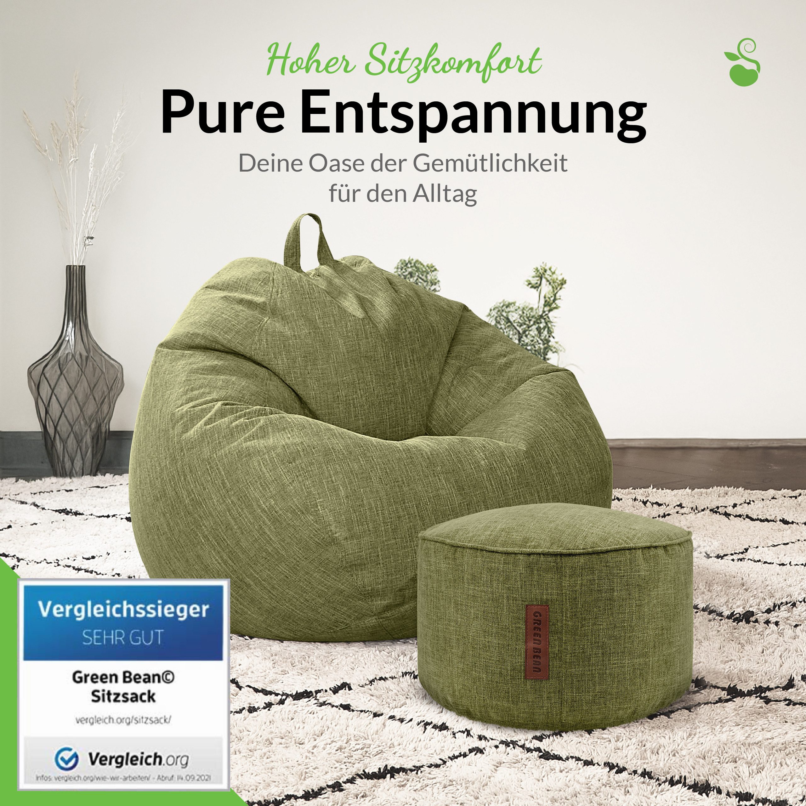 Green Bean Sitzsack Indoor Sitzsack XXL Home Linen +Hocker (2er Set Indoor Sitzsack 80x90x50cm + Sitzpouf 45x25cm mit EPS-Perlen Füllung -, Fußhocker Fußkissen  – Bild 5 von 5