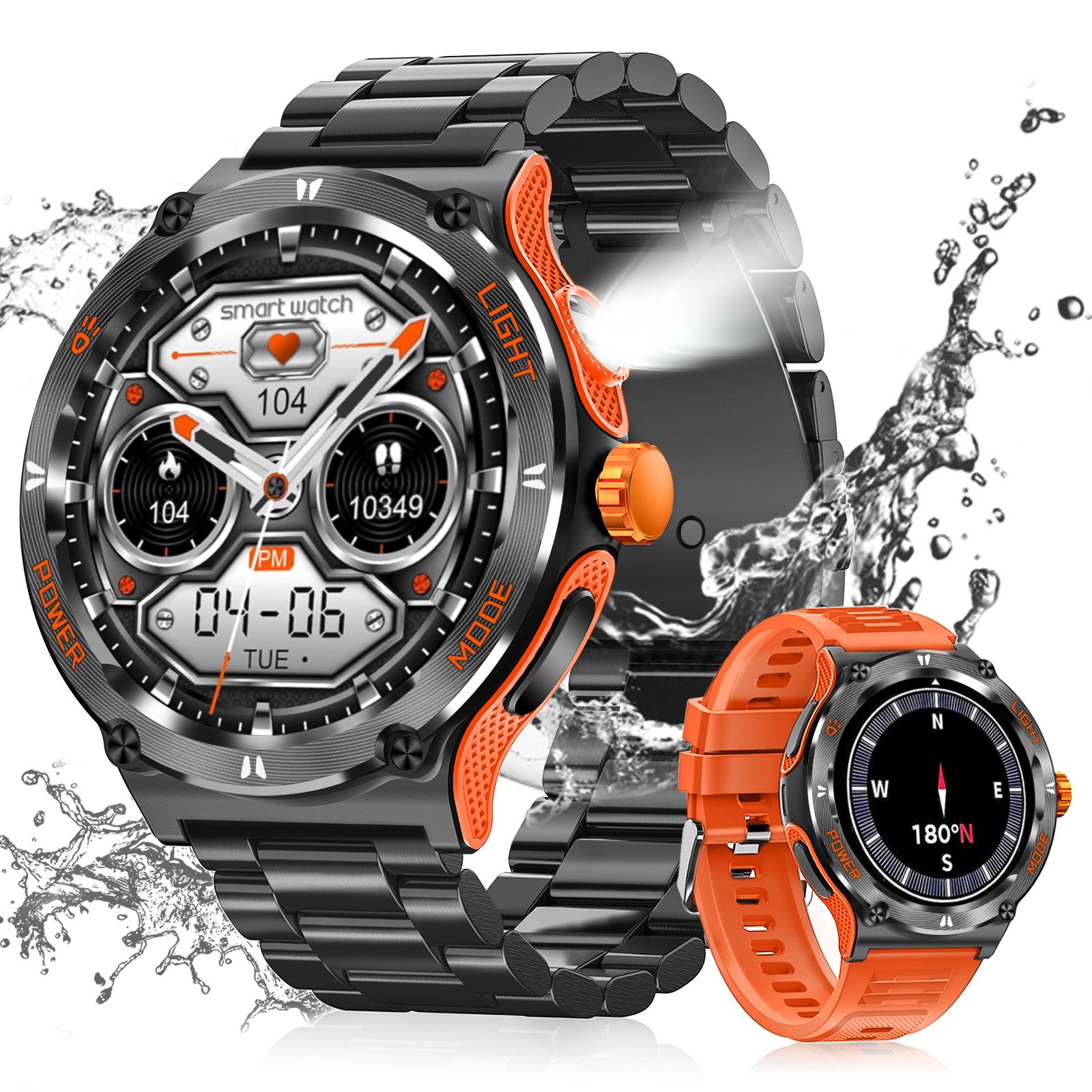 SWGOTA Smartwatch Herren Militär mit Taschenlampe,Kompass,Telefonfunktion Smartwatch (3.88 cm), 1,53 Zoll Fitnessuhr mit Herzfrequenz/SpO2/Schlafmonitor,500 mAh Akku