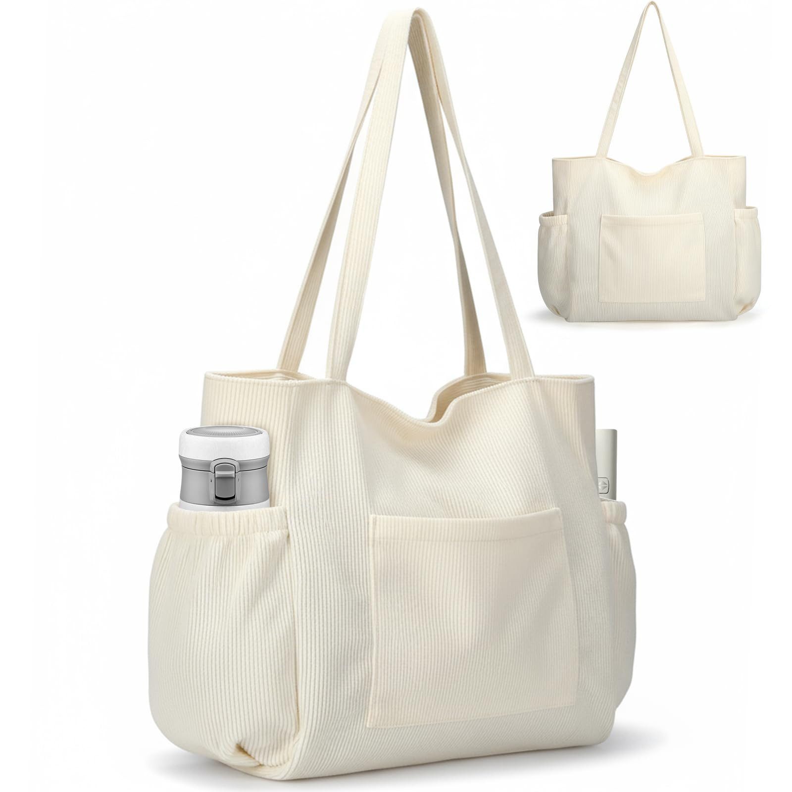nsihing Umhängetasche Cord Tasche Damen, Groß Tote Bag Strandtasche mit Reißverschluss, Shopper Tasche, Elegant Handtasche für Arbeit Schule Gym