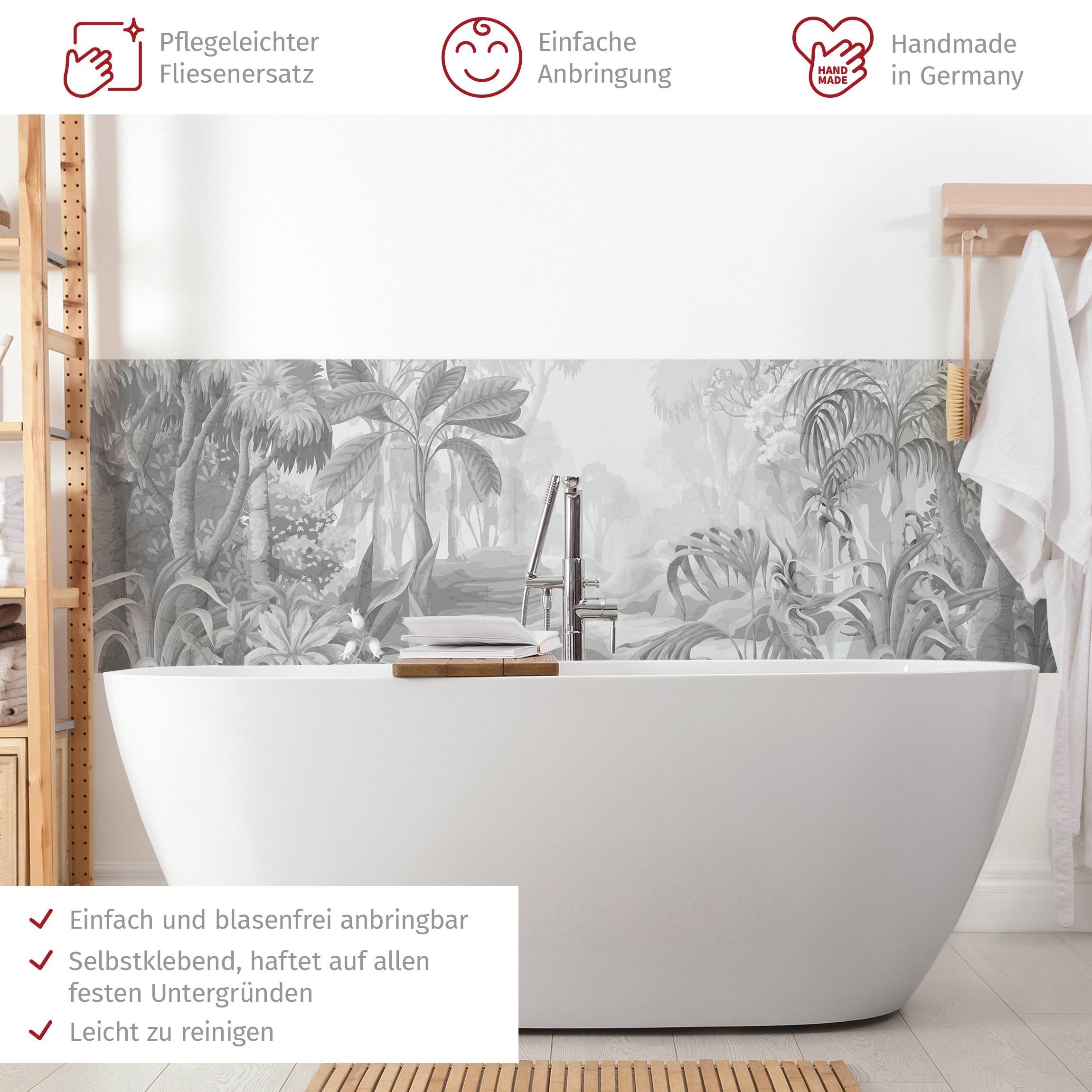 Bilderdepot24 Badrückwand grau fugenlose Wandverkleidung Bad Tropisch, (Hartfolie matt » Selbstklebend SMART 0,35 mm), wasserfestes Wandpaneel Grafischer Dschungel Schwarz-Weiß
