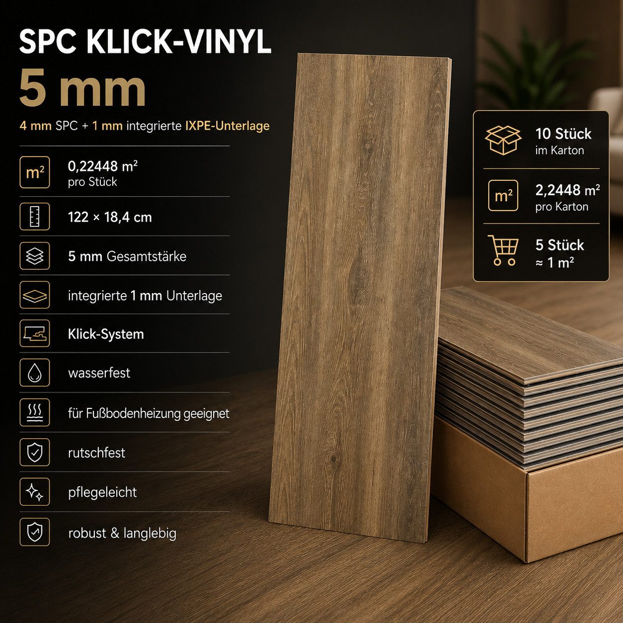 Berti Graf Designboden SPC Vinylboden 5 mm Klick wasserfest mit Trittschalldämmung, kleberfrei, pflegeleicht