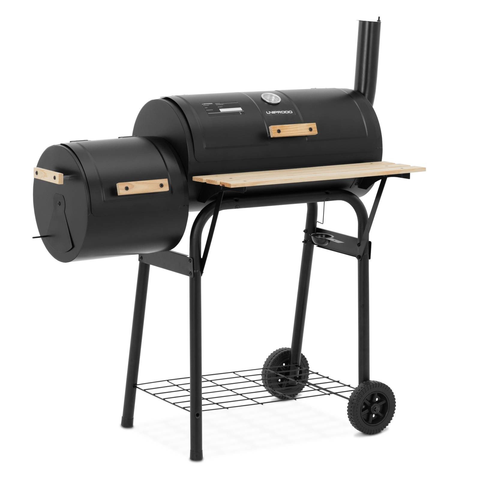 Uniprodo Holzkohlegrill Grill mit Smoker Eisen, Holz 2 Kammern 2 Ablagen Holzkohlegrill