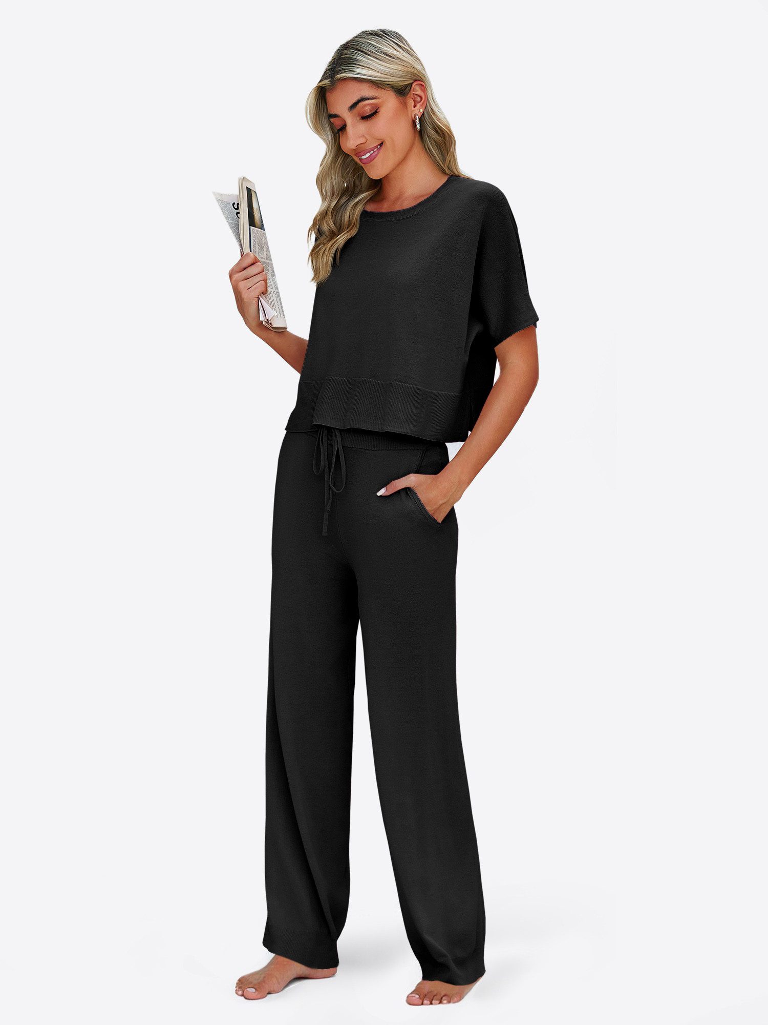 Imily Bela Hausanzug Damen 2-teilige Pullover-Sets (Set, 2 tlg., Strick-Crop-Tops mit Schlitz + High-Waist-Hosen) Volltonfarbe