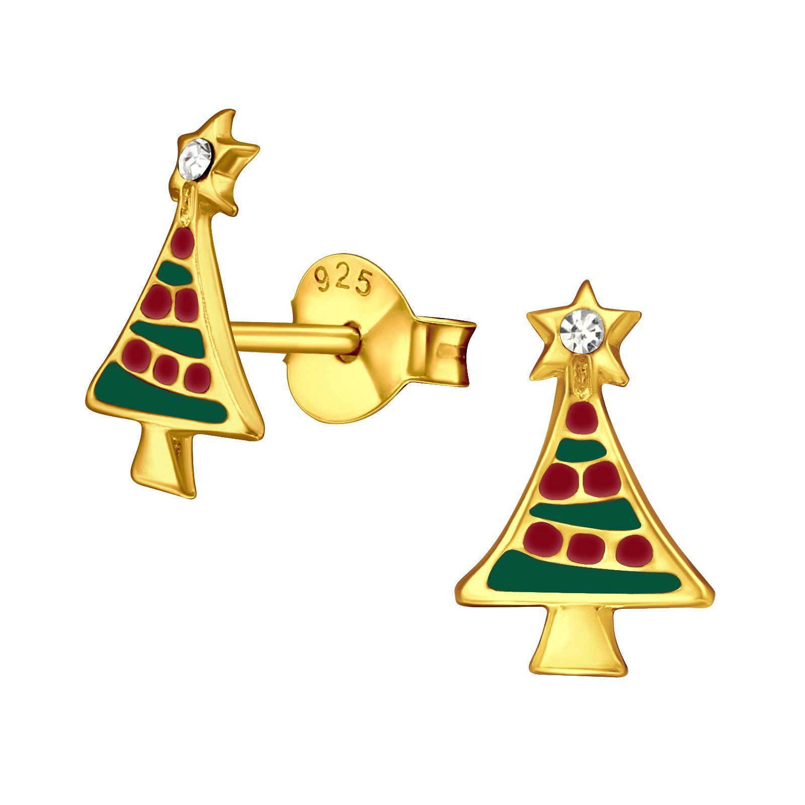 BUNGSA Ohrstecker-Set Ohrstecker bunter Weihnachtsbaum mit Kristallen gold aus 925 Silber (1 Paar (2 Stück), 2-tlg), Ohrschmuck Ohrringe