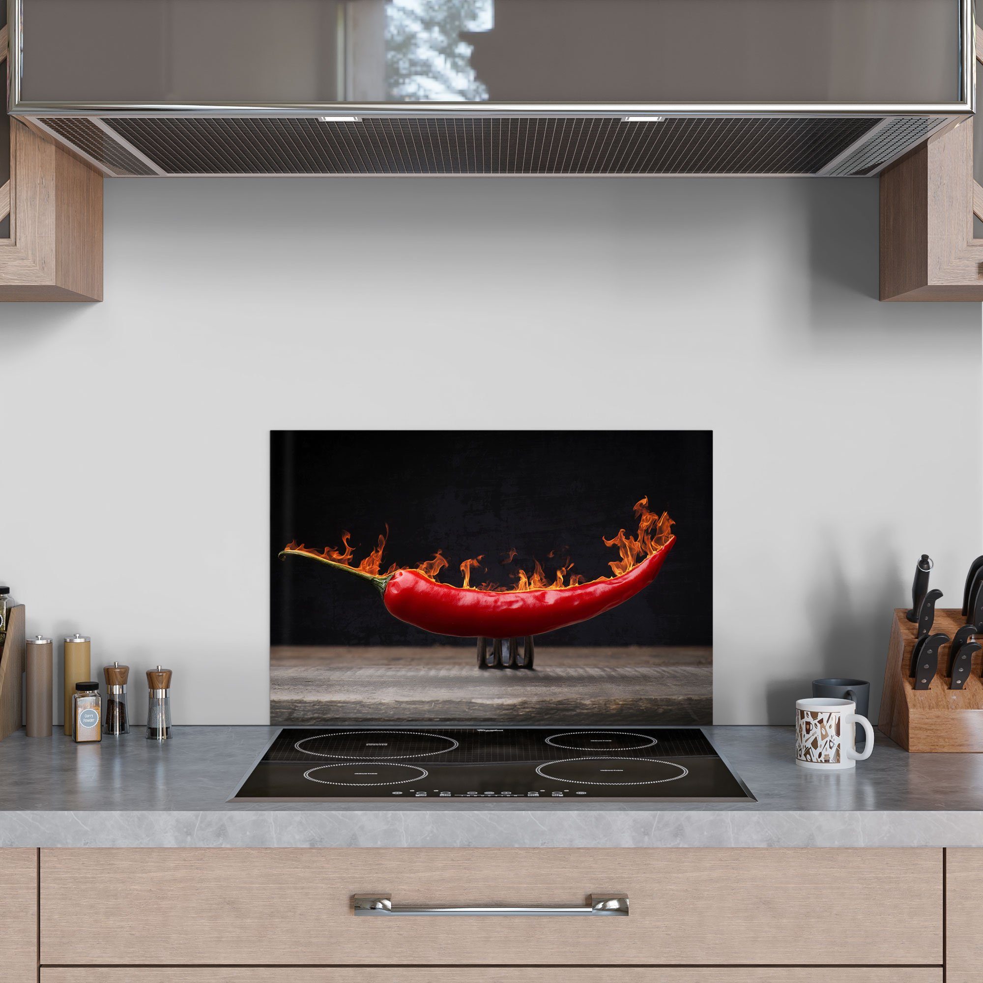'Brennende Herdblende Chilischote', DEQORI Glas Spritzschutz Küchenrückwand Badrückwand