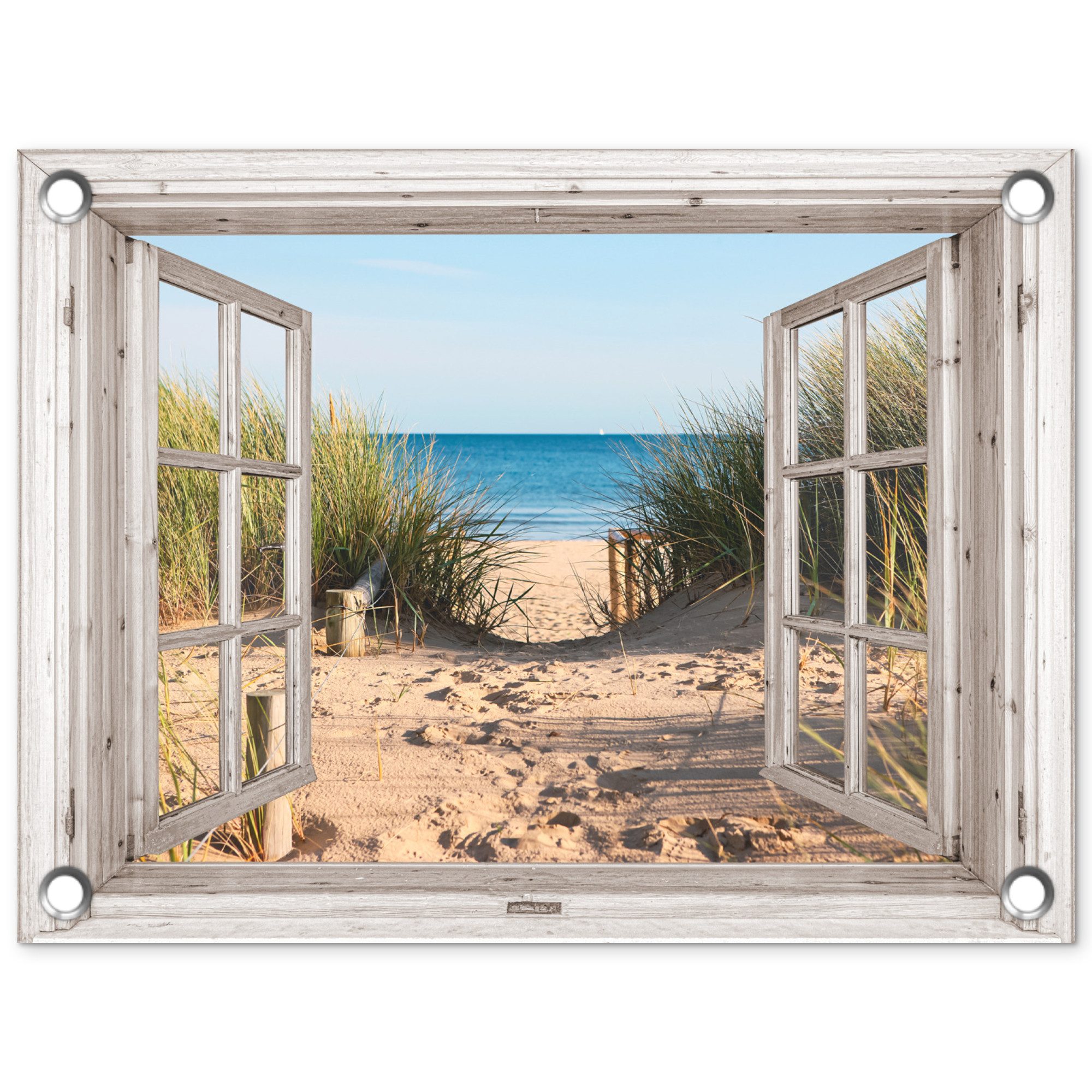 OnlyWow Poster für Garten Durchblick - Strand - Meer - Dünen - Sand - Wasser - Hochgr, Gartenposter, Outdoor Bilder, Gartendekoration Bild, 40x30 cm