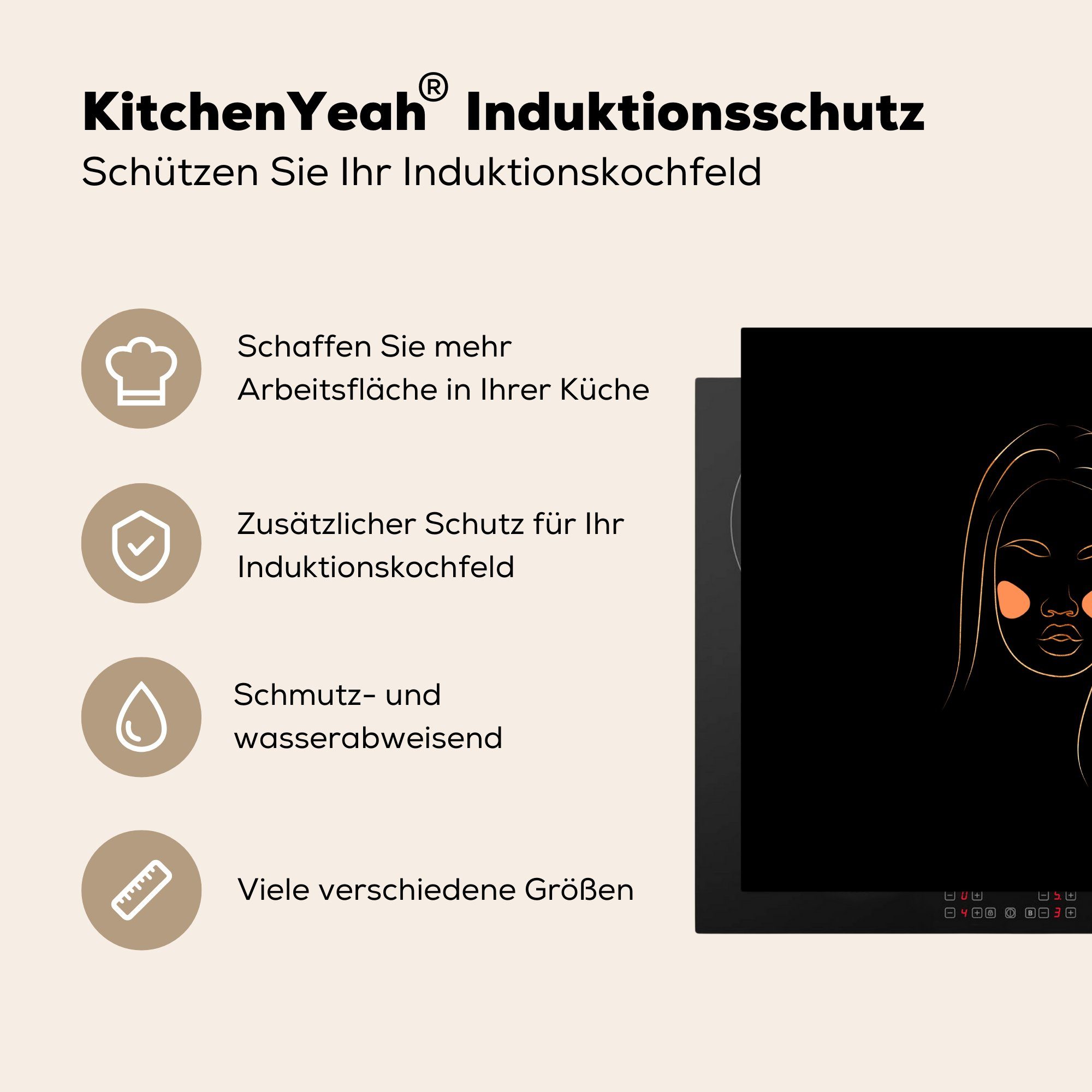 Herdblende-/Abdeckplatte für küche, Frau (1 Vinyl, Induktionsmatte Strichzeichnung, die Gold - cm, - Ceranfeldabdeckung Rosa tlg), - MuchoWow 59x52