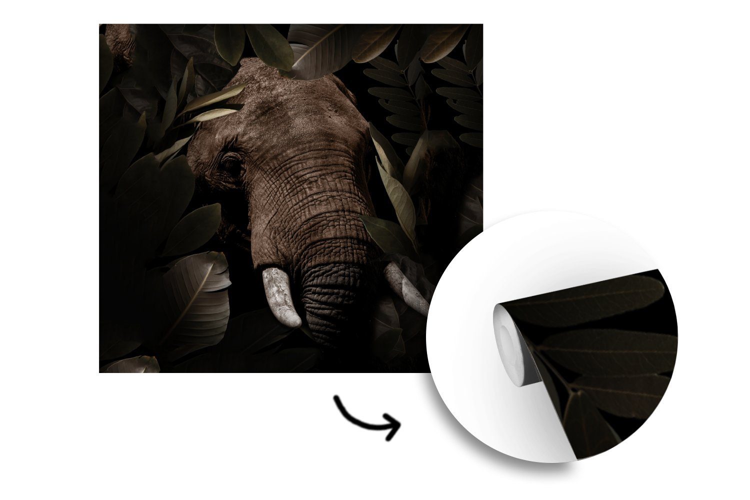 MuchoWow Fototapete Elefant - Botanisch, - Matt, Tapete Blätter Tiere Schlafzimmer, (5 Wohnzimmer St), oder Wandtapete bedruckt, - für Vinyl