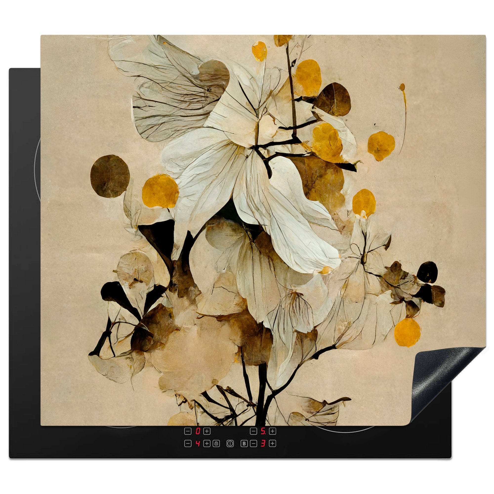 MuchoWow Herdblende-/Abdeckplatte Blumen - Pflanzen - Gold - Vintage, Vinyl, (1 tlg), 60x52 cm, Mobile Arbeitsfläche nutzbar, Ceranfeldabdeckung