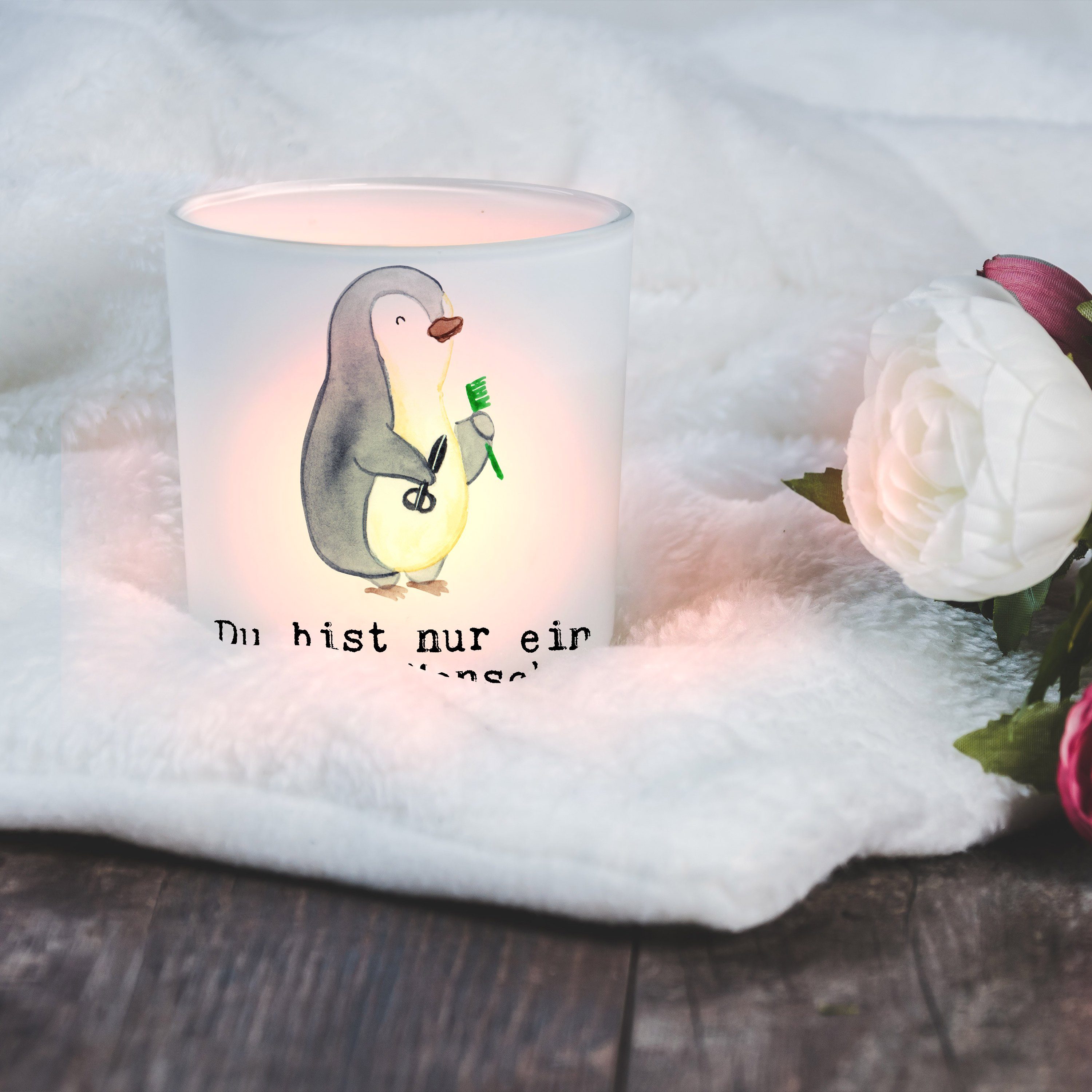Mr. & Mrs. Panda Windlicht Teelichthalter, St) Friseur Herz Danke, Erö - - Transparent mit Geschenk, (1