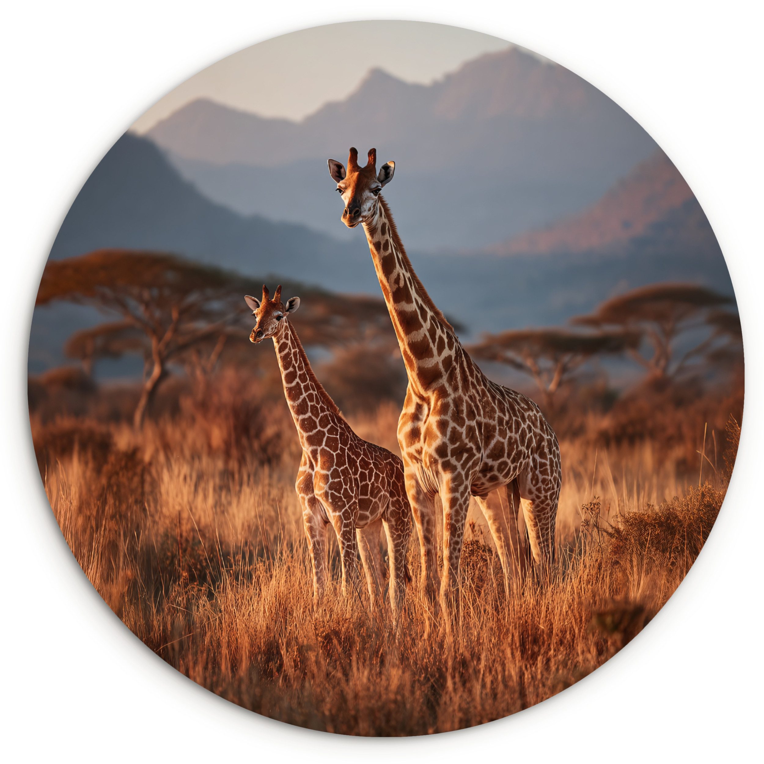 MuchoWow Gemälde Giraffen - Hohes Gras - Akazienbäume, Fotodruck (1 St), Kreis Wanddekoration, Rundes Wandbild, 30x30 cm