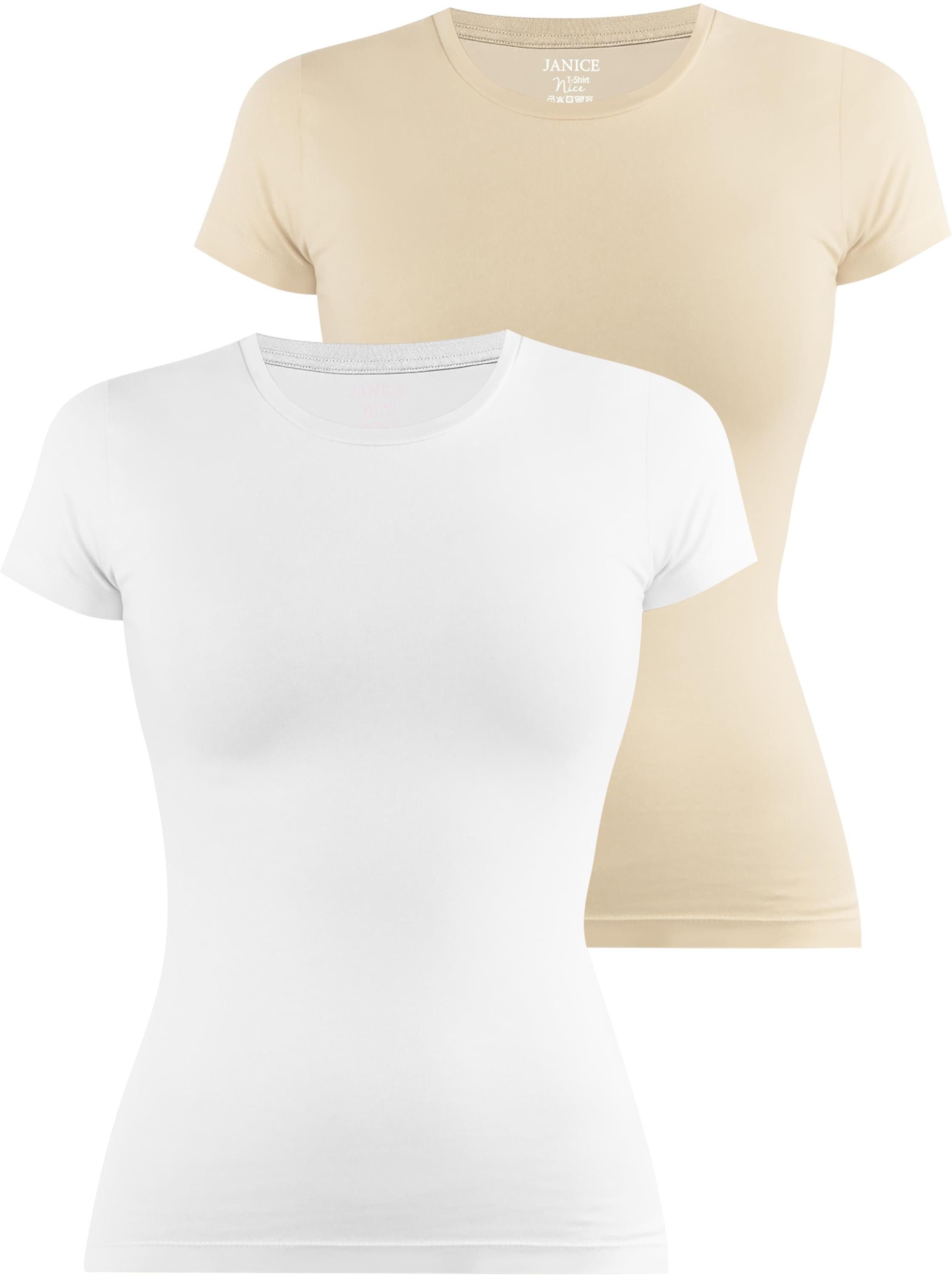 Janice Kurzarmshirt 2 x Damen T-Shirt hochgeschlossen Nice Figurbetontes Shirt aus Baumwolle