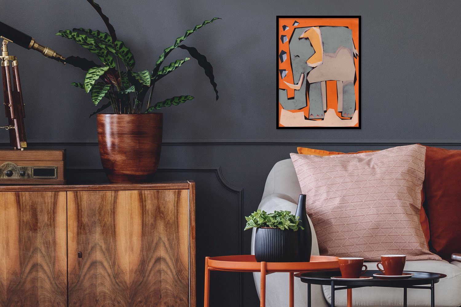MuchoWow Poster Elefant - Kinder - Pastell - Orange - Tiere, (1 St), mit Rahmen, Kunstdruck, Gerahmtes Poster, Schwarzem Bilderrahmen