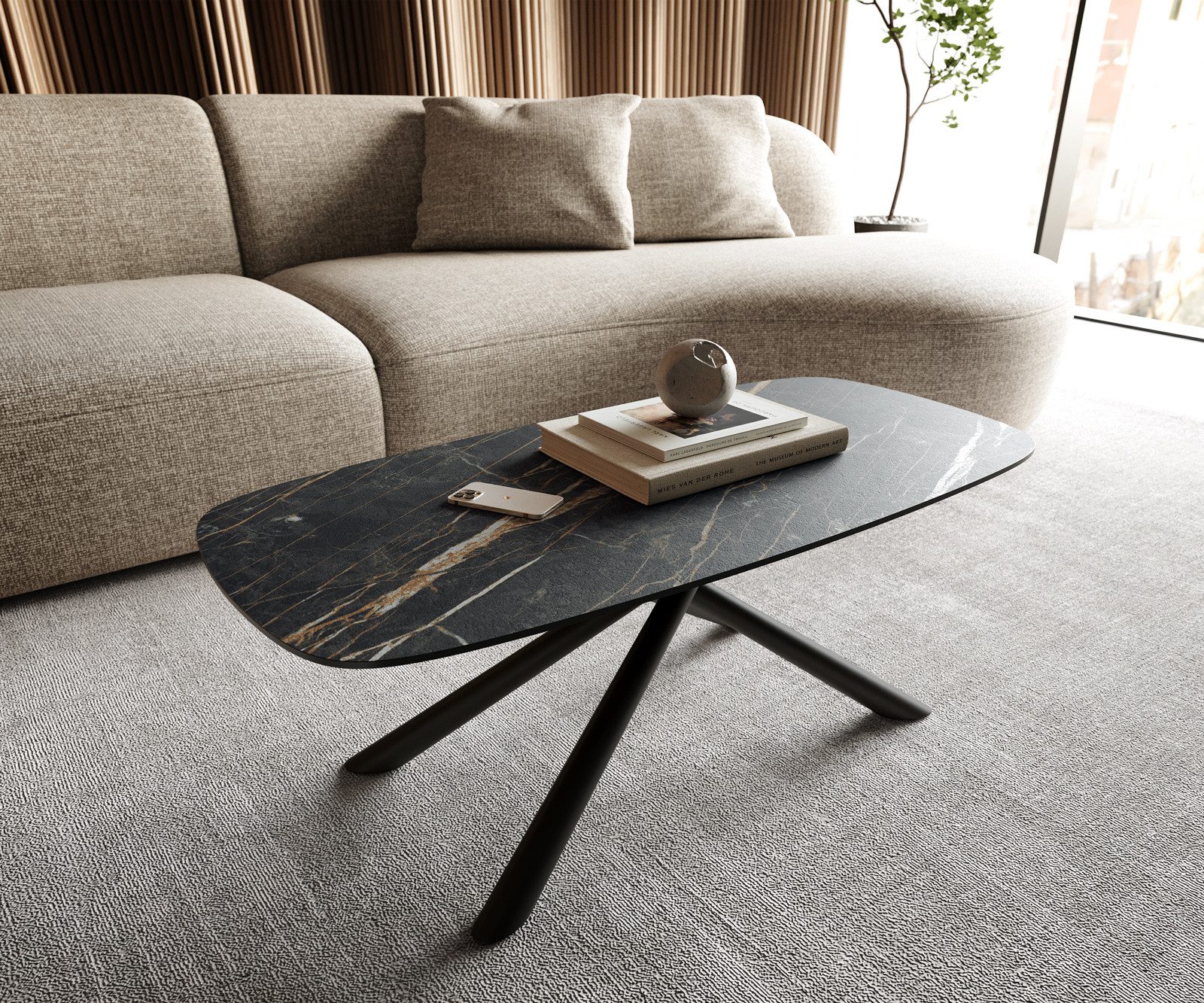 DELIFE Couchtisch Edge, Boot 100x50 cm Keramik Laminam® Noir Desir Braun Sarity Metall Schwarz